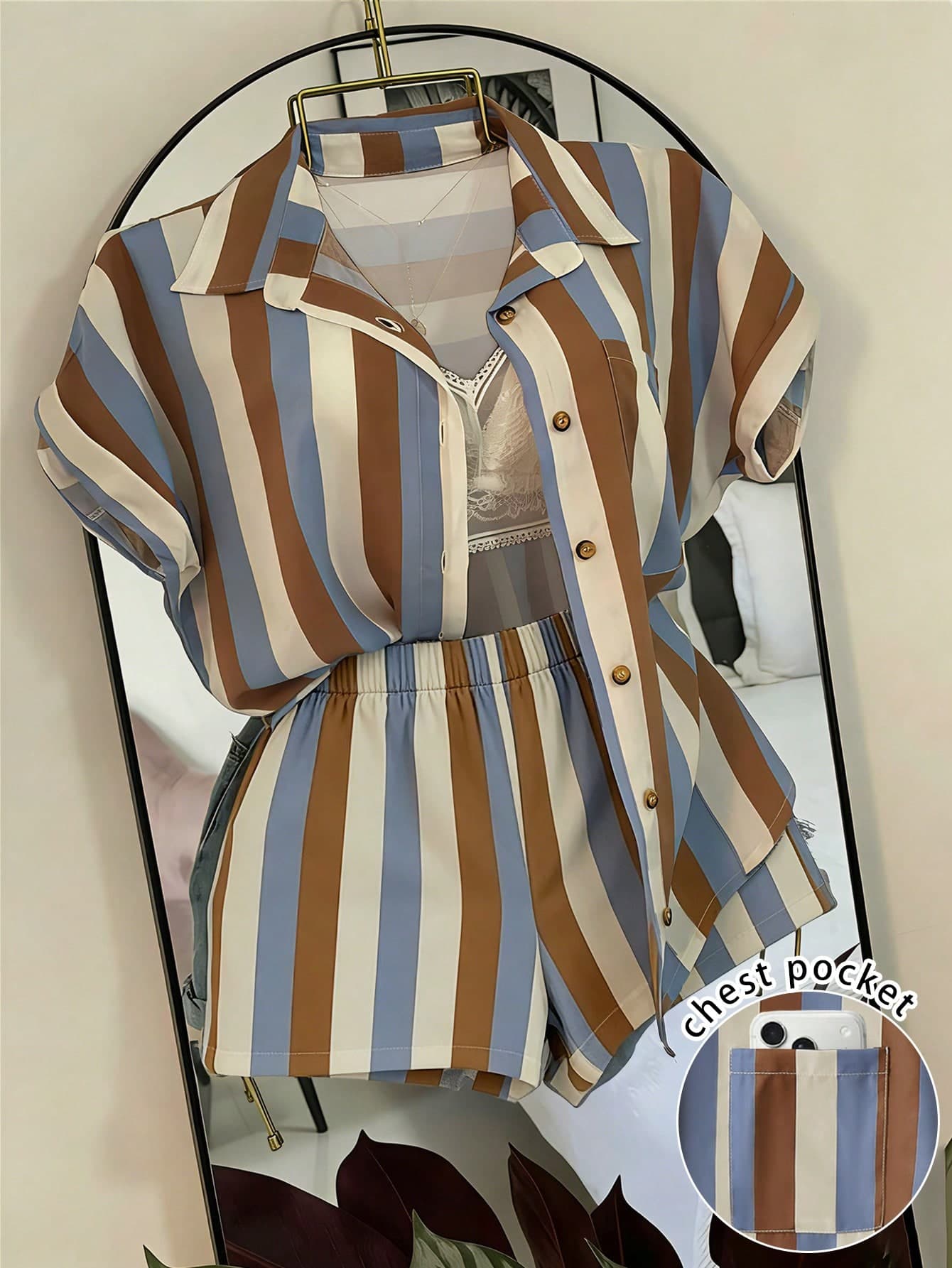 EMERY ROSE Vintage Contrast Color Striped Collared Short Sleeve Shirt & High Waist Wide Leg Shorts 2 Pieces Set, Loose Fit Versatile Casual Commuter Outfit