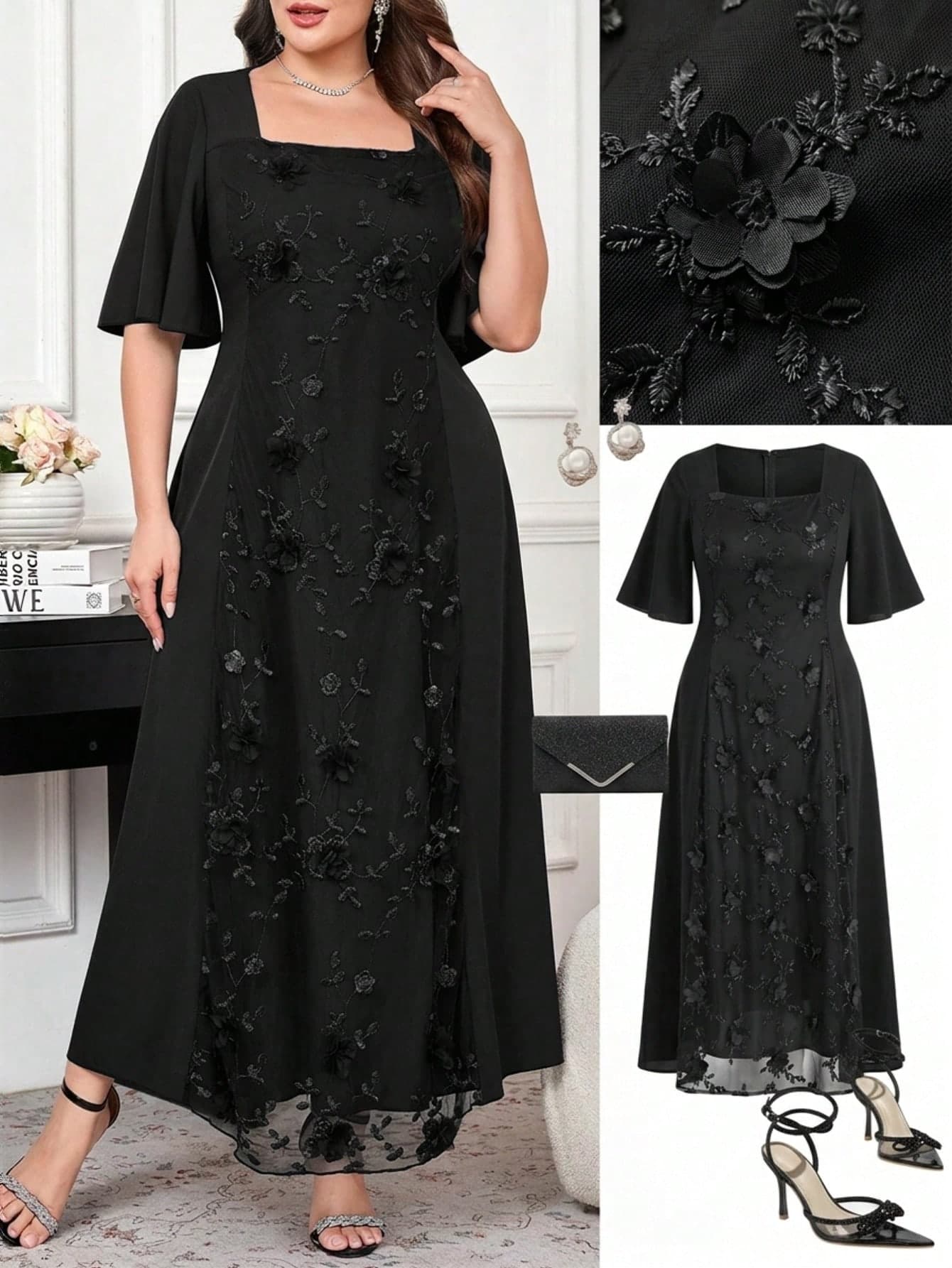 Gownix Plus Size Women's 3D Floral Decor Square Neck Casual Party Dress