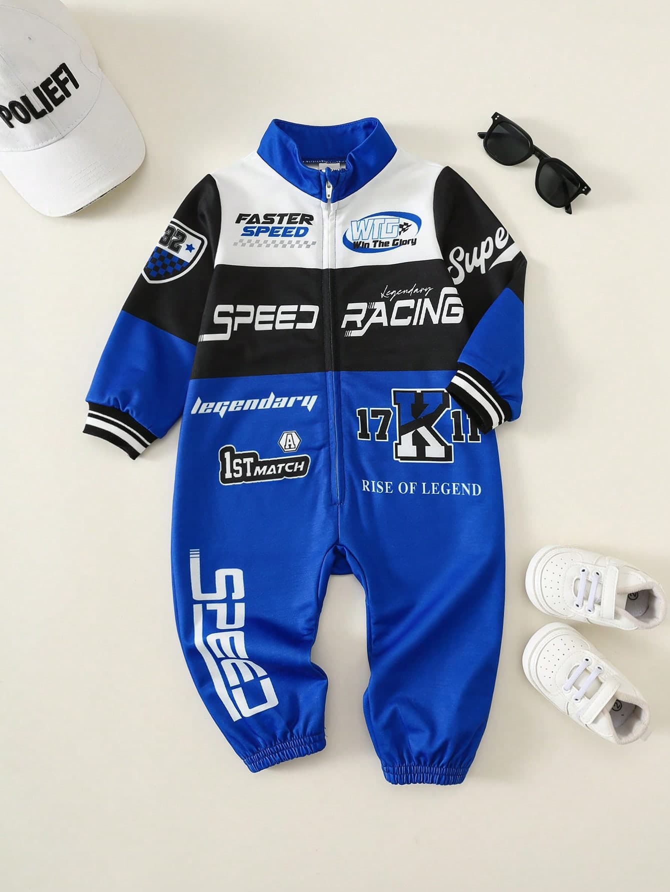 SHEIN Newborn Baby Boy Autumn/Winter Sport Casual Colorblock Blue Letter Print Pattern Long Sleeve Romper Racing Romper Blue Romper Baby Boy Romper