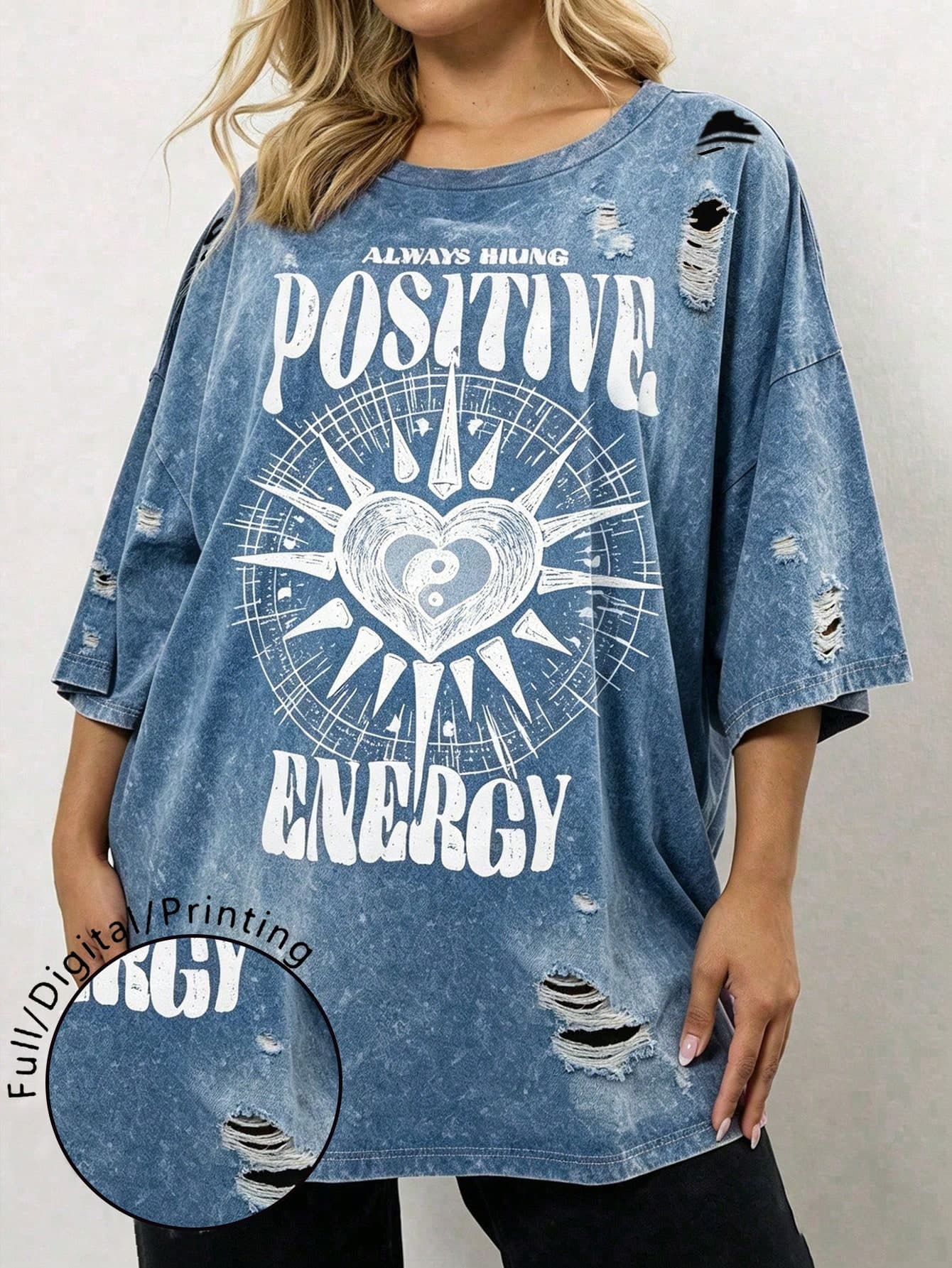 EMERY ROSE Plus Size Women's Fashion Letter Print Faux Denim Pattern Round Neck Short Sleeve Loose Fit T-Shirt, Suitable For Summer Outings And Daily Wear