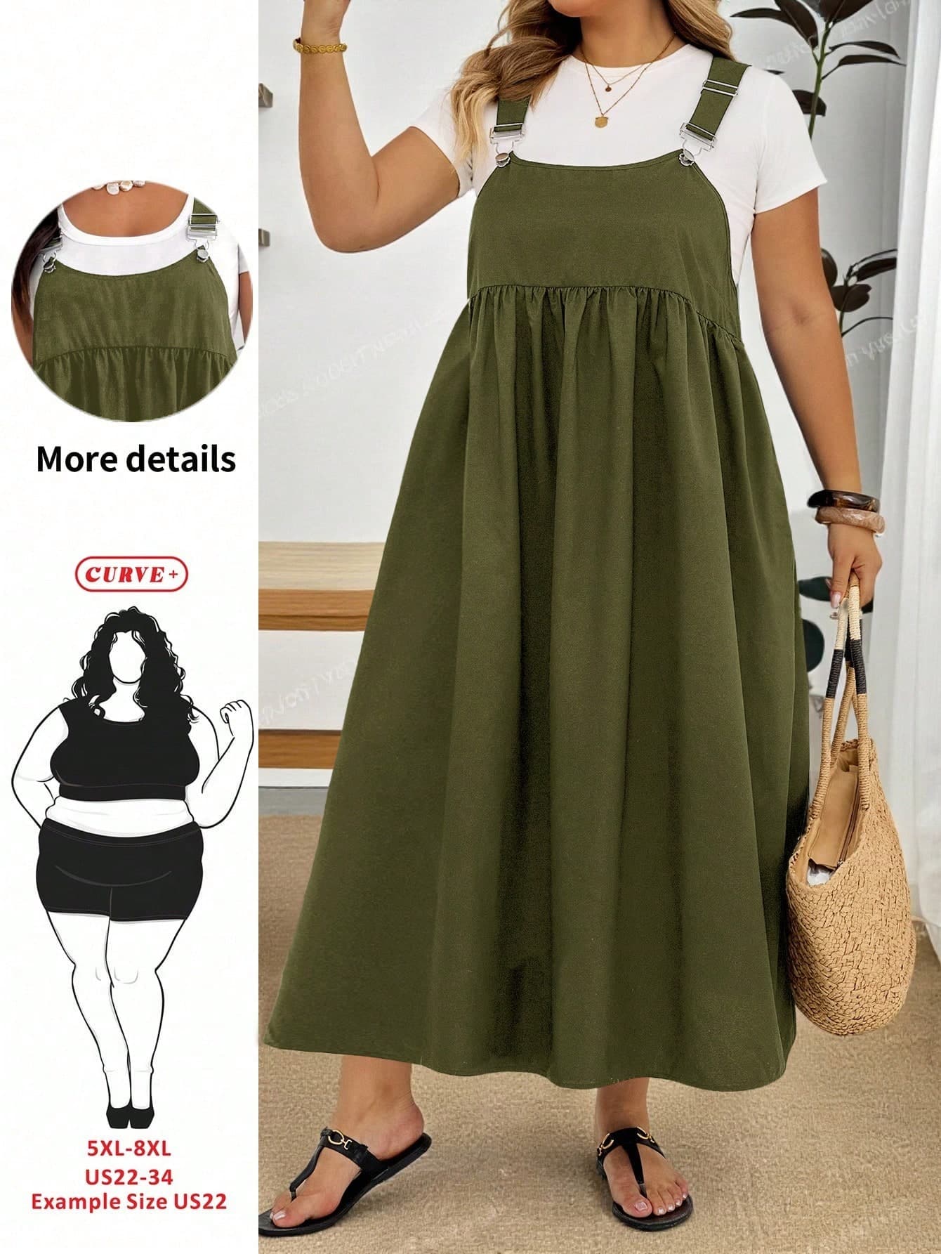 SHEIN CURVE+ Plus Size Women Solid Color Pleated Casual Casual Formal Party Vacation Strap Dress Back-To-School White Olive Green Summer