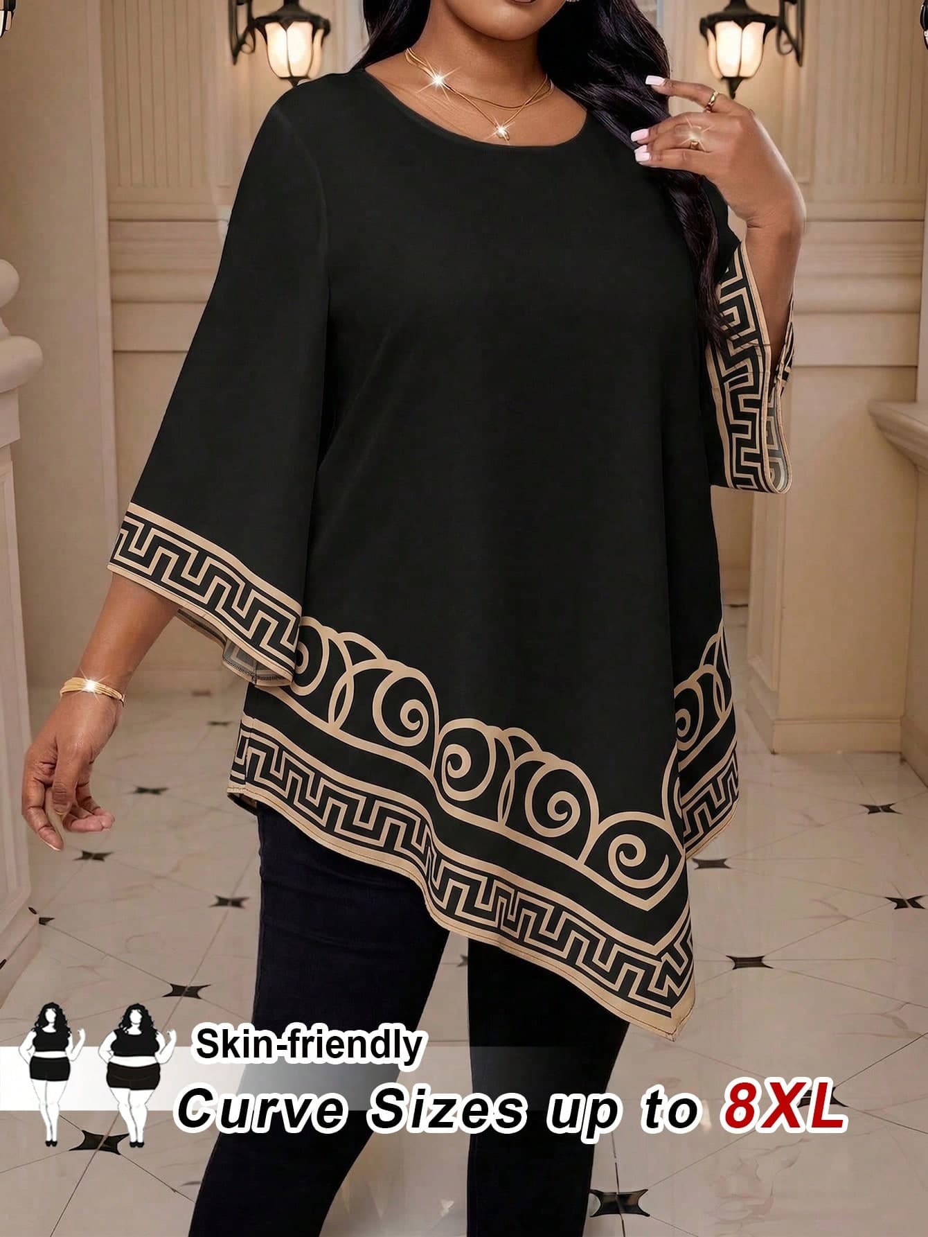 SHEIN CURVE+ Women's Plus Size Geometric Print Round Neck Casual Versatile Everyday Shirt