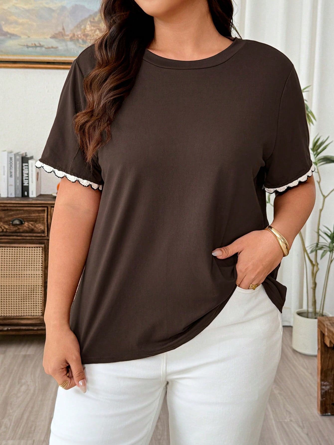 Weeklong Plus Size Women's Round Neck Short Sleeve Loose Fit T-Shirt With Knit Patchwork