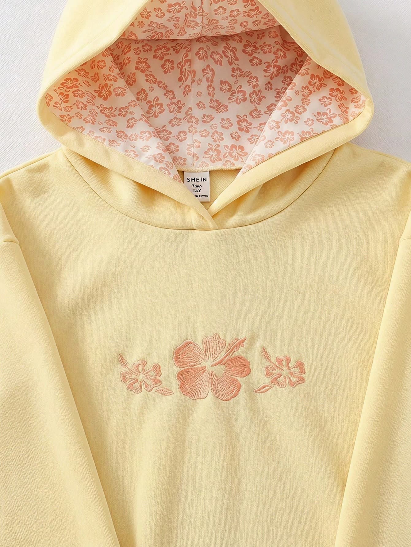Teen Girls Casual Fashion Cute Pink Floral Embroidered Pullover Sweatshirt