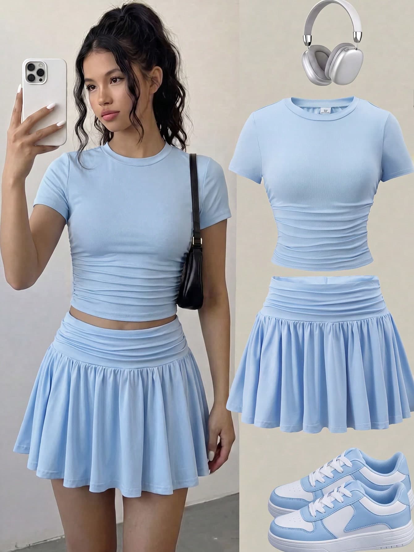 SHEIN Girlism Kids Teen Girls Light Blue Sporty Casual Yoga Ruched Waist Dress & Semi-High Neck Short Sleeve Design & Ruched Waist & Flared Skirt Style & Mid-Stretch Skin-Friendly Fabric & Sweet Cool Girl Style Children's Dress & Summer Big Kids Daily Outing Campus Outfit & Niche Design Fresh Children's Clothing