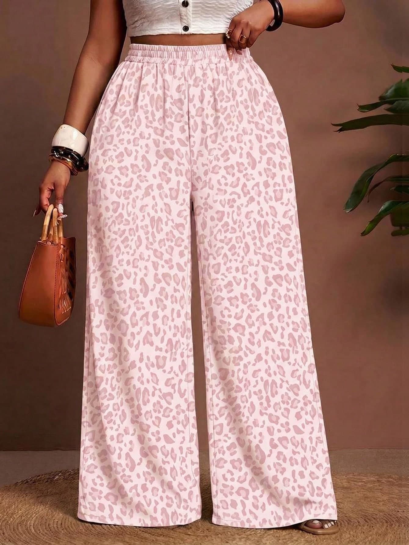 Slaydiva 2026 Spring/Summer New Arrival Pink Leopard Print Loose Extra Long Plus Size Women's Pants For Vacation Casual Boho Formal Streetwear Beach Resort