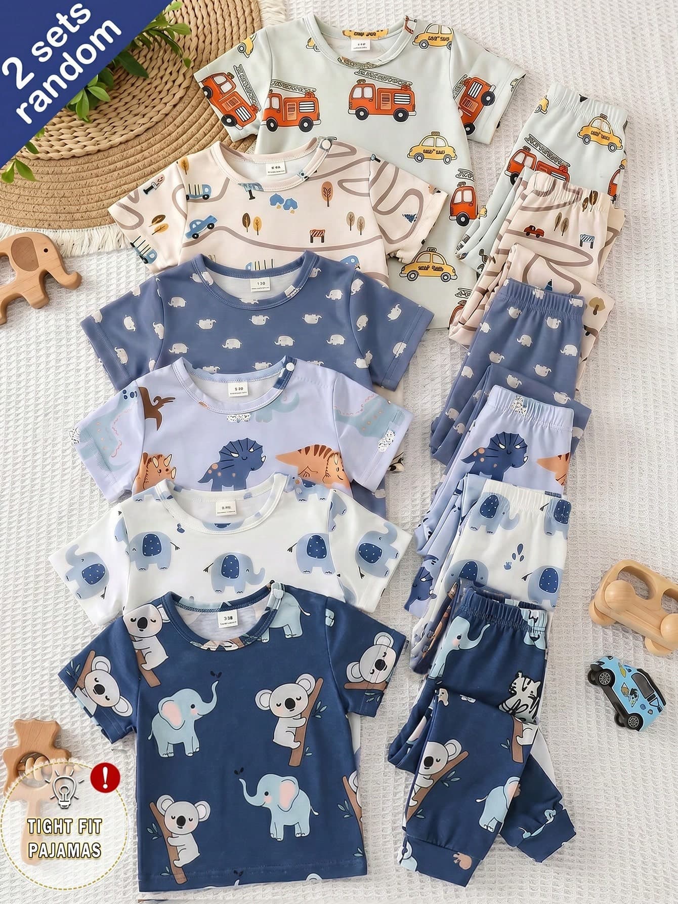 SHEIN Vintaside Kids Baby Boy Fashion Casual Daily Minimalist Cute Multi-Color Animal Koala Elephant Car Dinosaur Cartoon Print Crew Neck Pullover Knit High Elasticity Knit Fabric Slim Fit Comfortable Casual Short Sleeve With Long Pants 4-Piece Pajama Loungewear Set