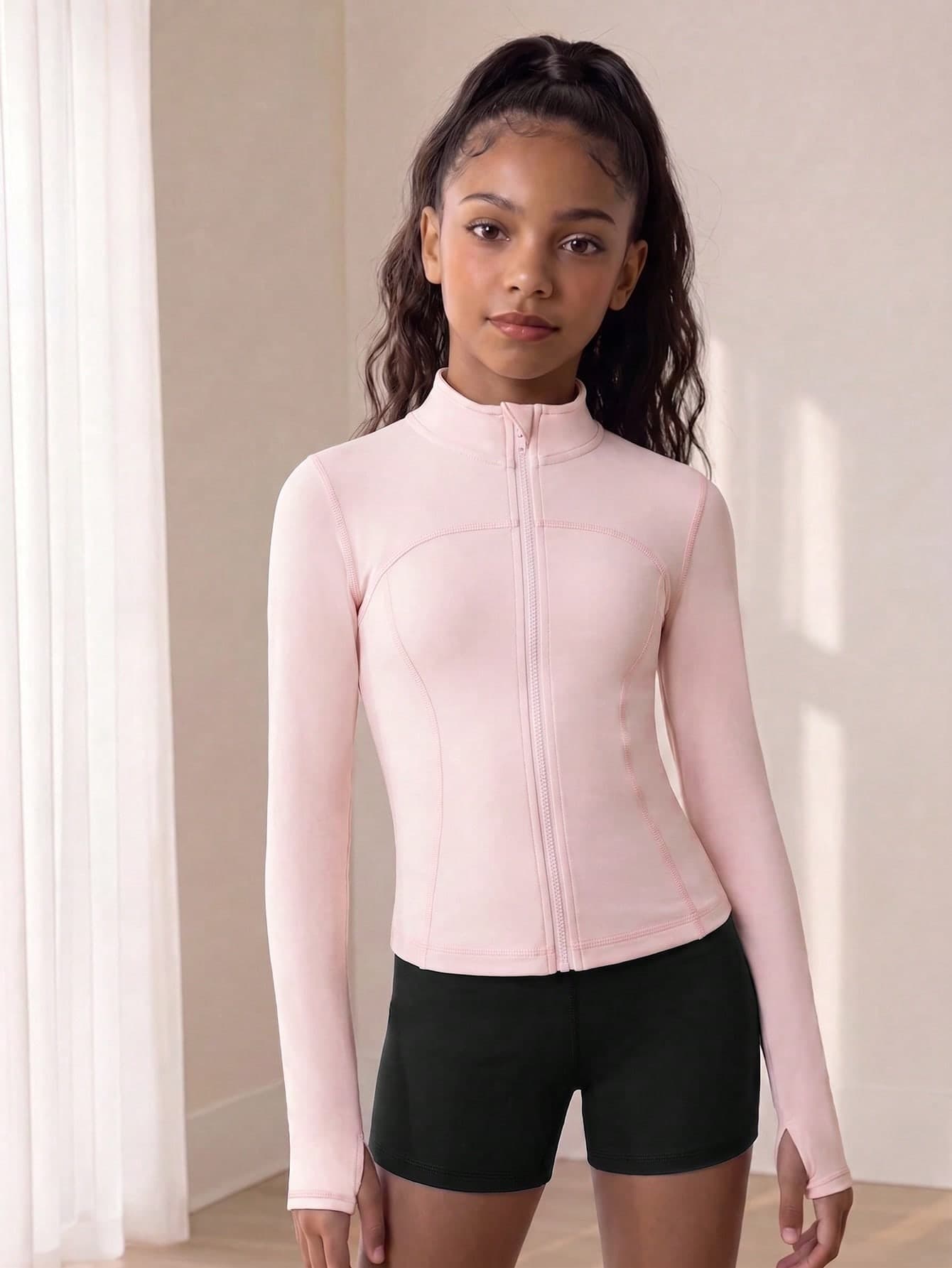 SHEIN Tween Girl Sportswear, Pink Stretch Sun Protection Yoga Jacket, Suitable For Yoga, Pilates, Running, Outdoor Sports