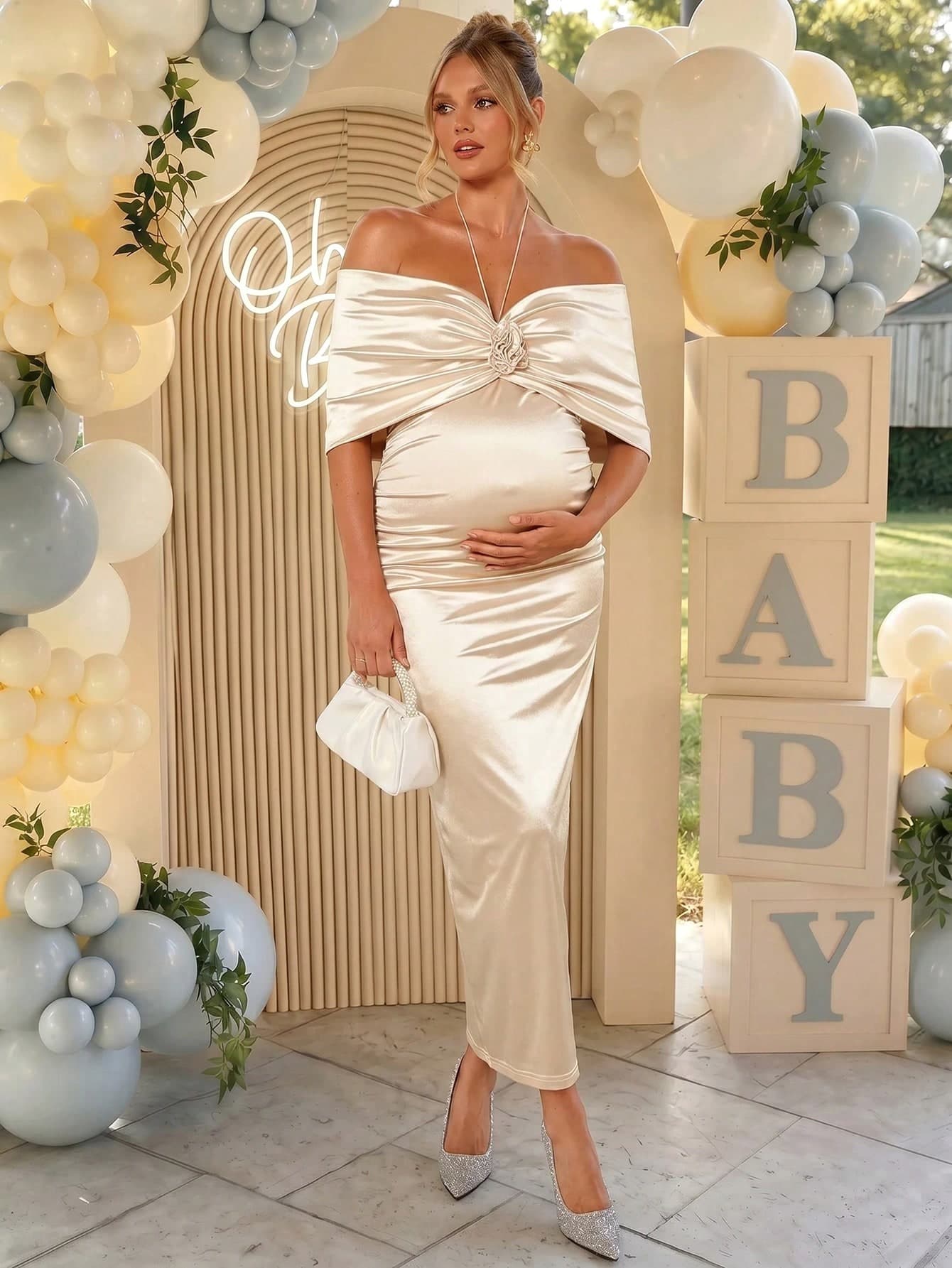 Loomaby Elegant Maternity Halter Neck Party Dress Dress Gender Reveal Dress Maternity Dress Baby Shower Dress