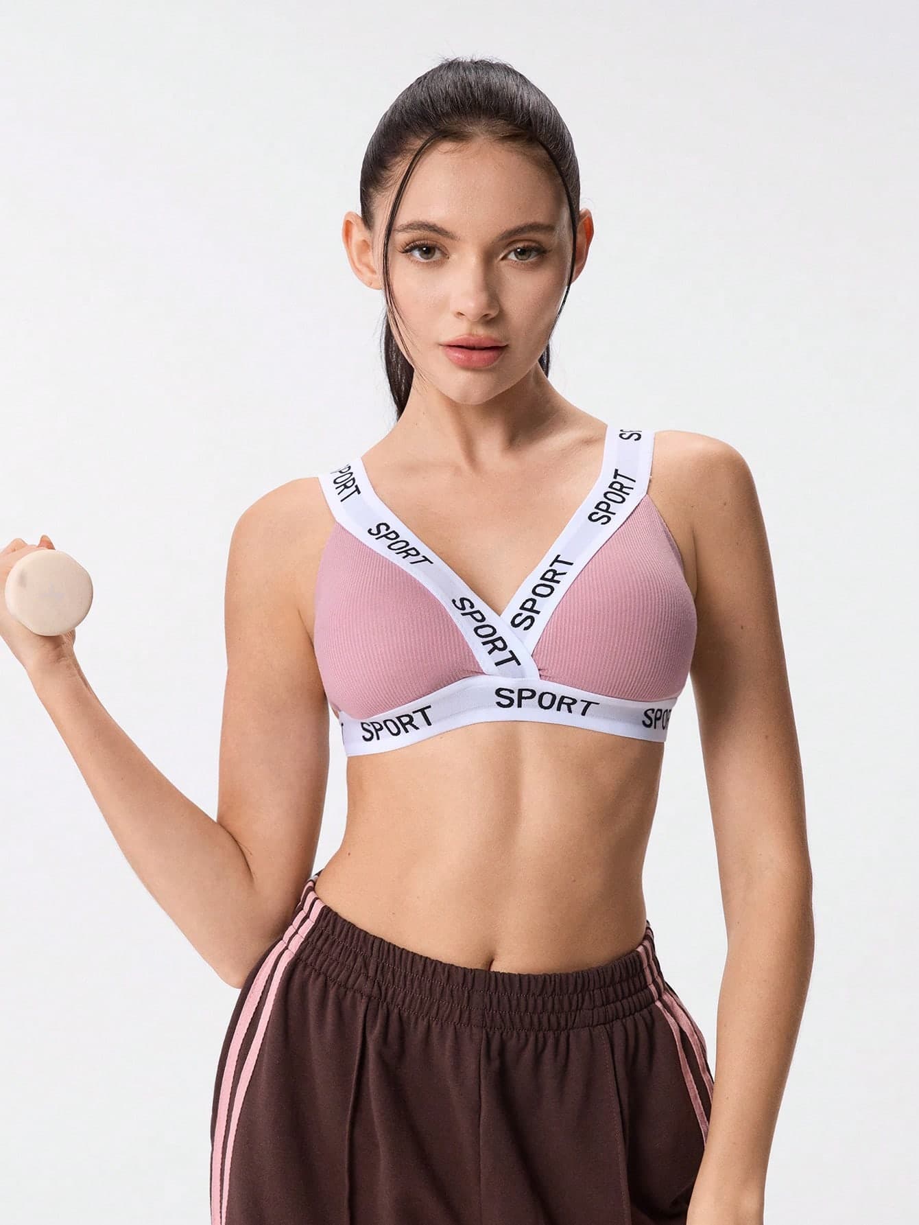 Loungeista 1pc Women Fashion Casual Letter Ribbed Soft Cup Bra, Comfortable Wireless With Pads, Medium Support Sports Bra Underwear