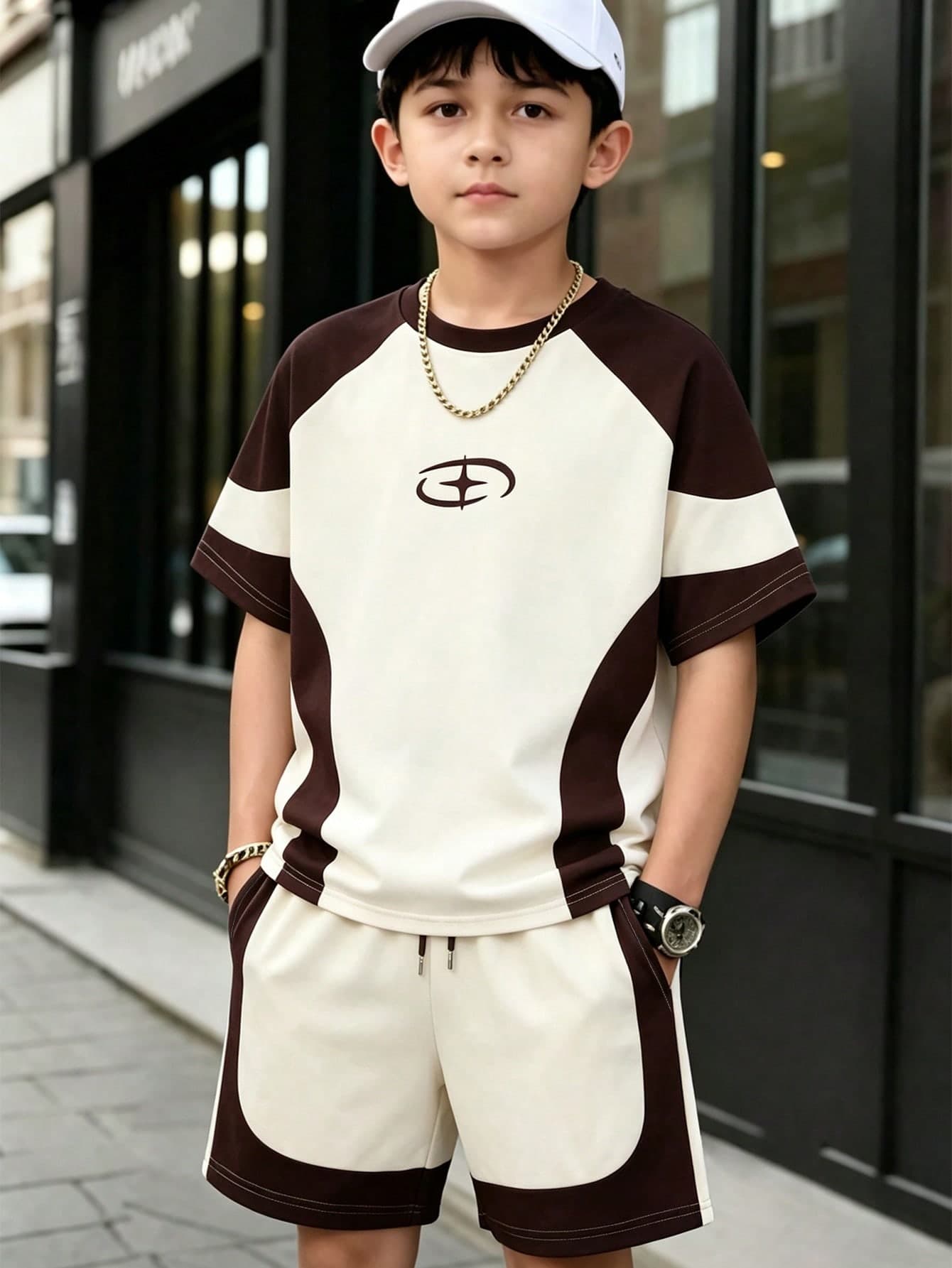 SHEIN Coolqubz 2pcs Boys' Simple Fashion White Trim Decor Round Neck Pullover Knit T-Shirt And Shorts Set, Comfortable Fabric, Fashionable Fit, Spring/Summer New Style, Suitable For Multiple Seasons And Occasions, Casual Sports, Vacation Vibe