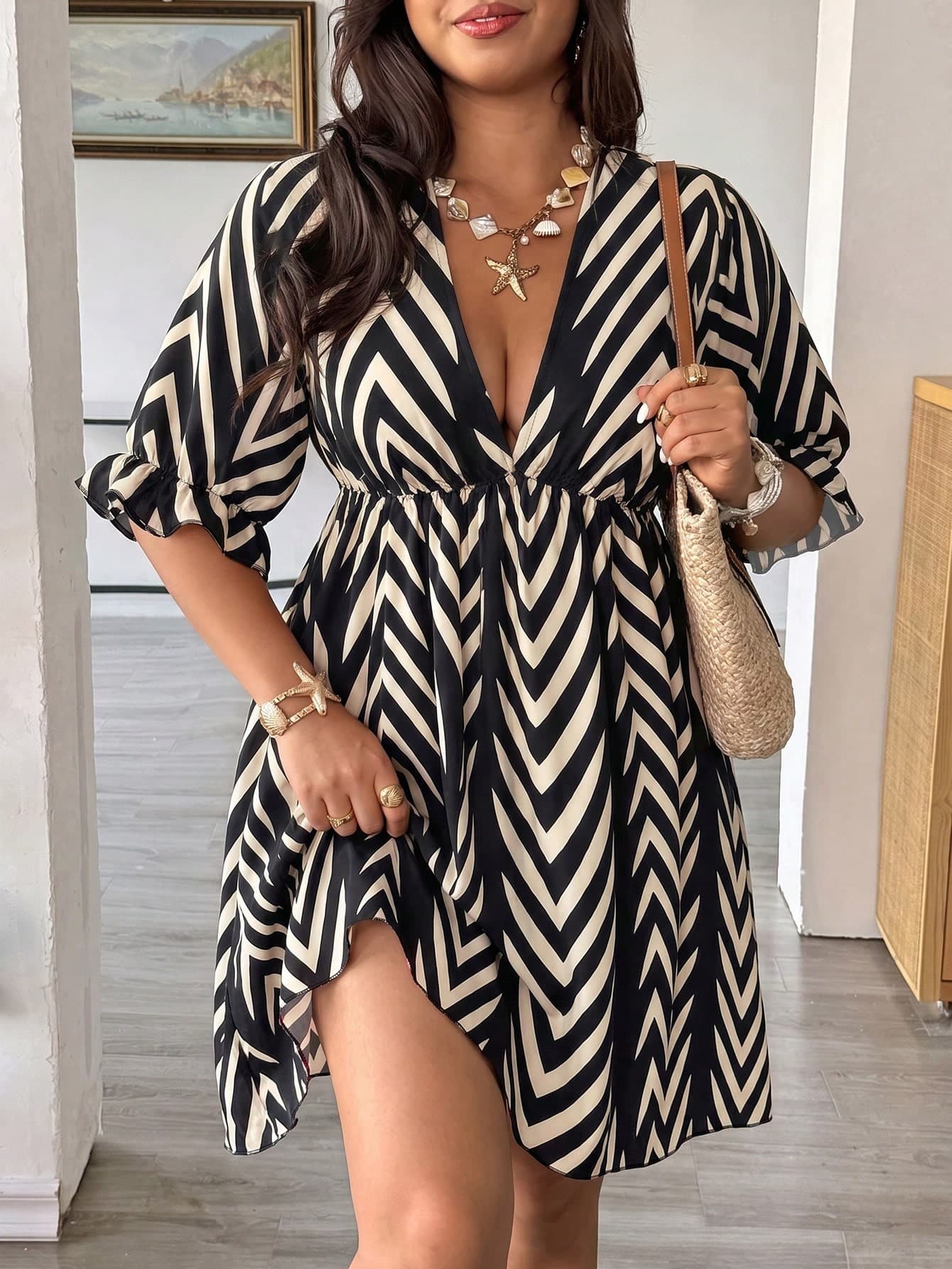 Vionelle Plus Size 2026 New Print Vacation Style V-Neck Puff Sleeve Short Sleeve Loose Casual Boho Slimming Mid-Length Dress For Women Beach Summer