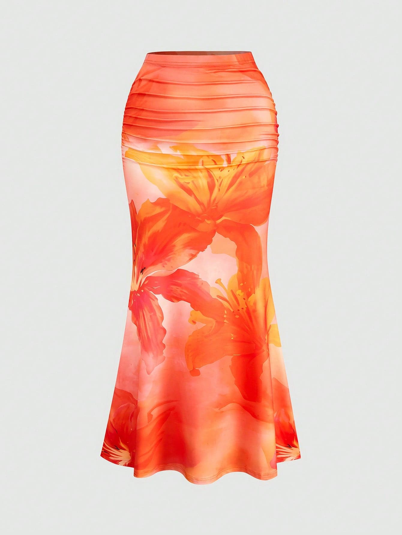 Sweetra Plus Size Women's Orange Floral Gray Print Mermaid Tail Bodycon Waist Gathered Casual Simple Skirt, Suitable For Summer And Autumn Outfits, Versatile For Outings, Commuting, Dating And Vacation
