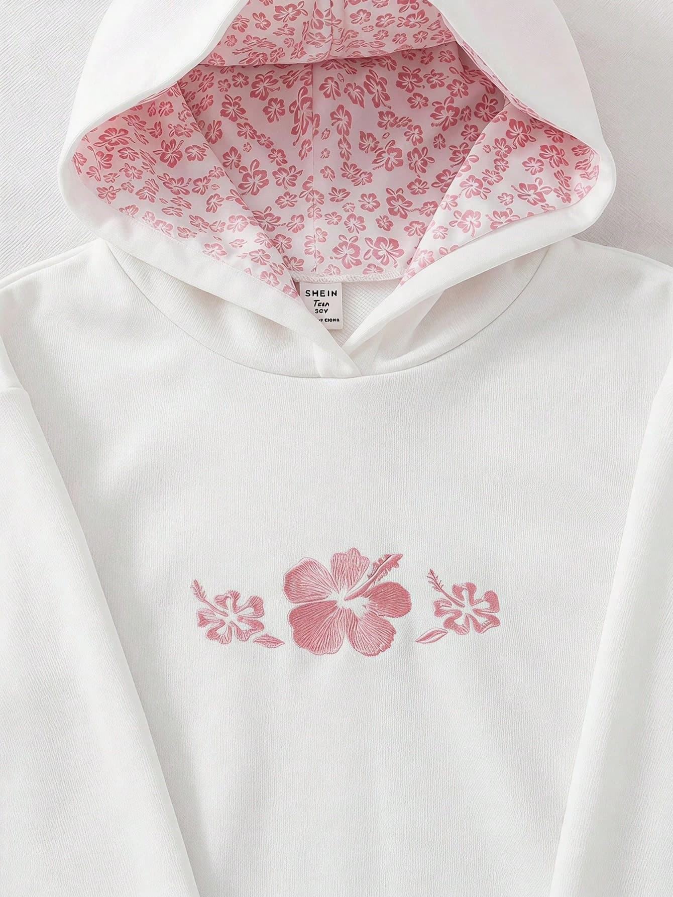 Teen Girls Casual Fashion Cute Pink Floral Embroidered Pullover Sweatshirt