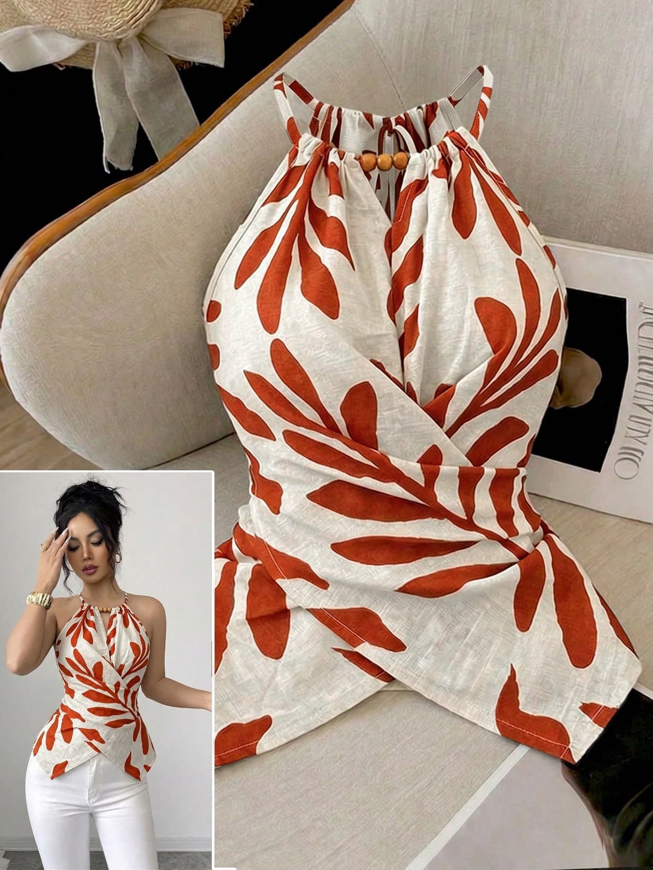 GlowEve CURVE Women's Spring/Summer Elegant Commuter Casual Apricot Leaf Print Sleeveless Halter Neck Bow Tie Neckline Wooden Bead Decor Asymmetrical Hem Waist Cross Tie Design Fitted Slimming Tank Top