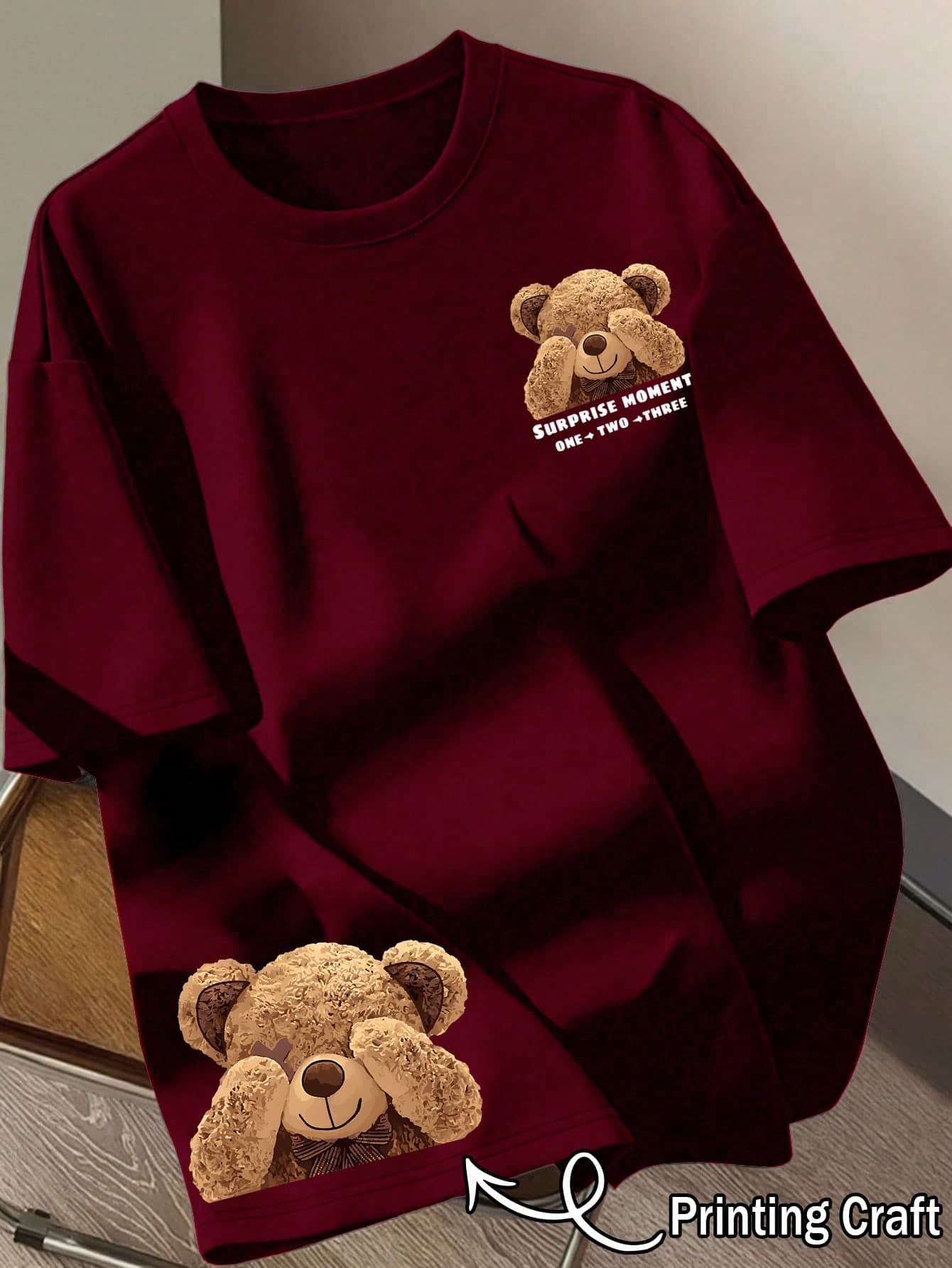 SHEIN Women's Casual Cartoon Bear & Letter Print Round Neck Short Sleeve T-Shirt
