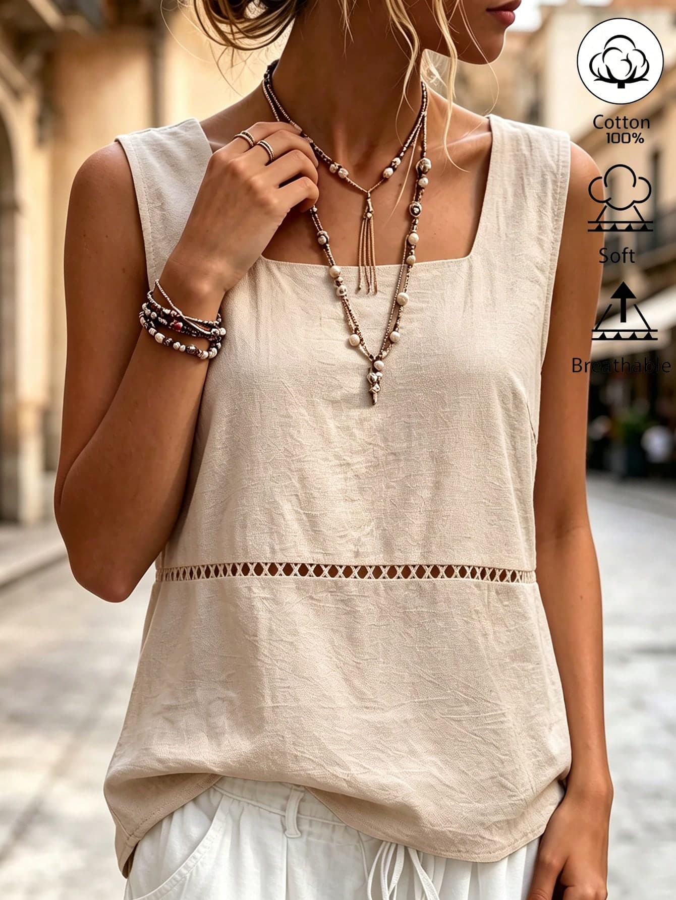 Weeklong Plus Size Beige Linen Square Neck Cutout Sleeveless Top, Simple Casual Camisole For Office & Daily