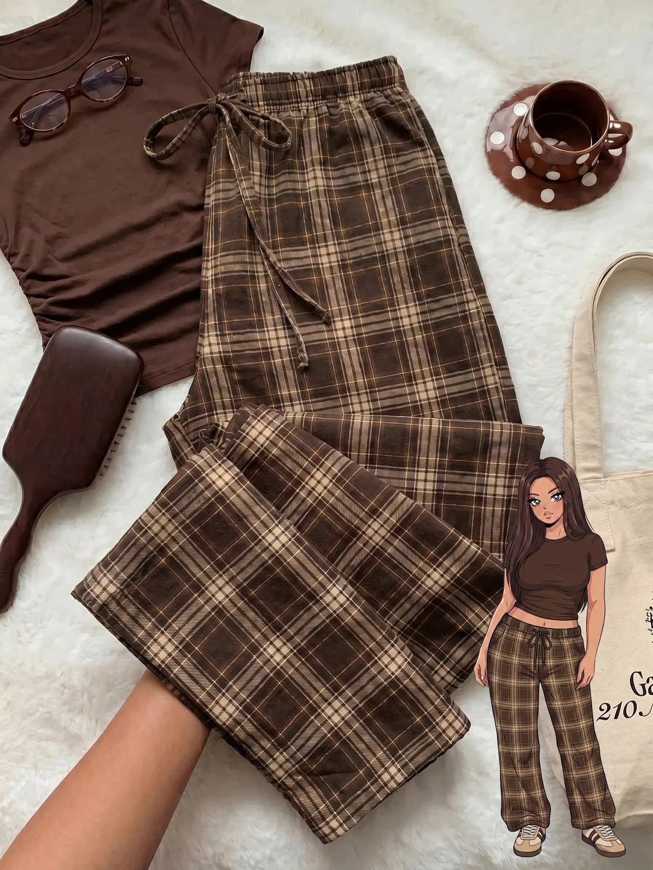 Comfortcana Plus Size Casual 90s Minimalist Plaid Drawstring Waist Everyday Long Pants Back-To-School Graduation Brown Winter
