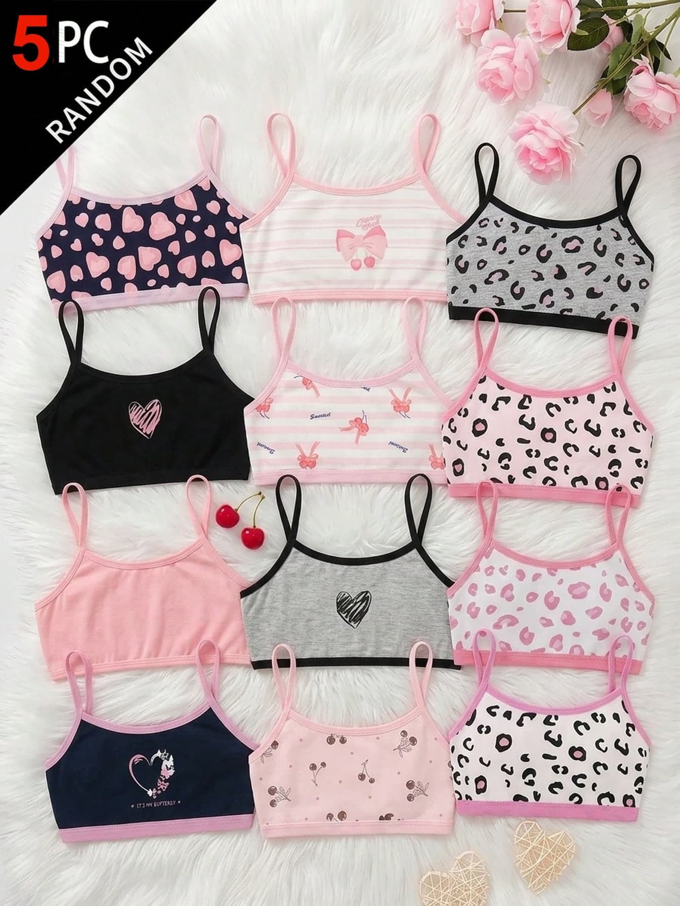 SHEIN Tween Girl Cute Simple Leopard Print Heart Pattern Soft Skin-Friendly Children Student Growth Period Underwear 5pcs Set Valentine's Day