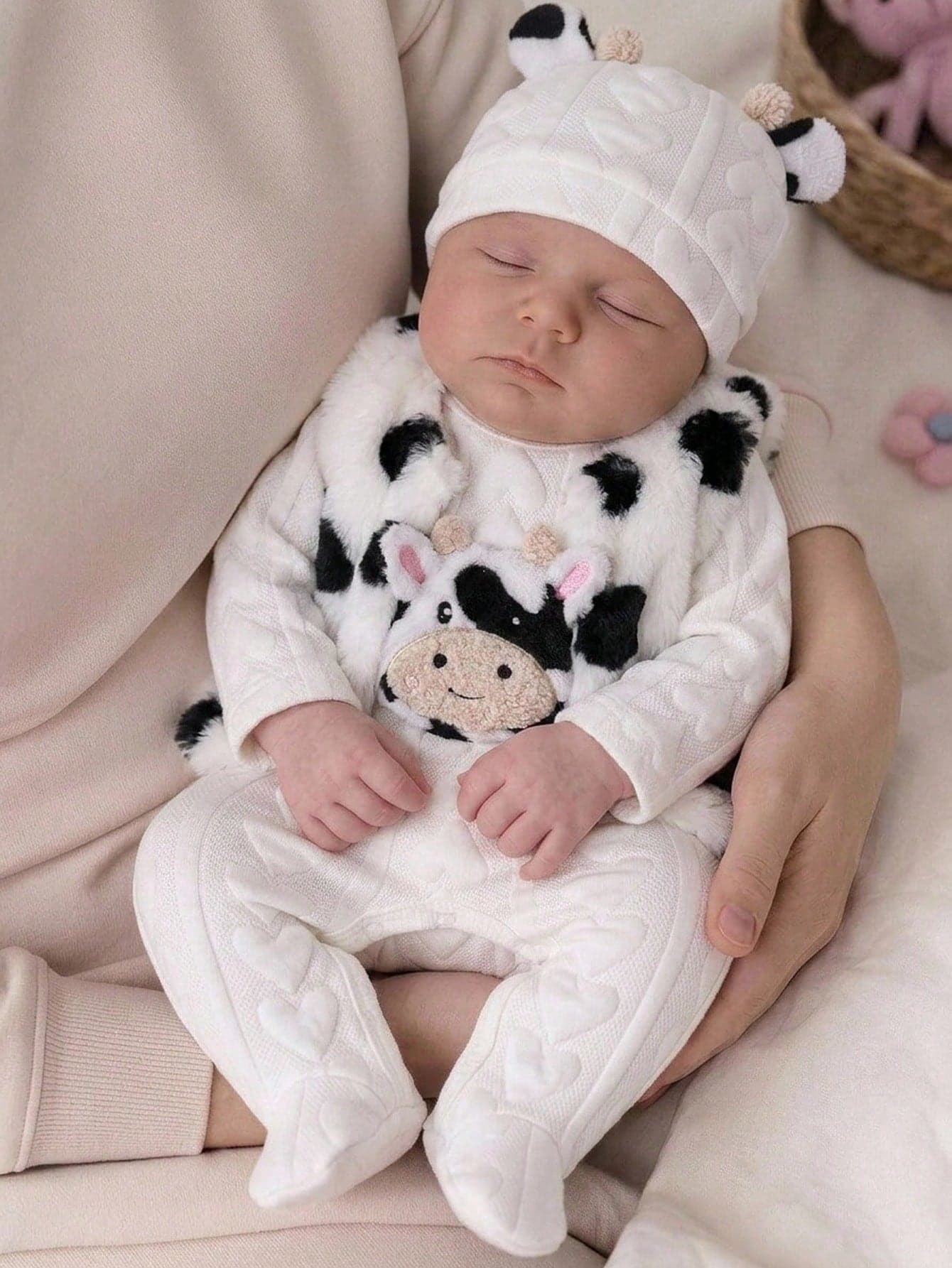 Newborn White Minimalist Fashionable Cute Bear Pattern Long Sleeve Long Leg Footed Romper And Hat 2-Piece Set Loungewear