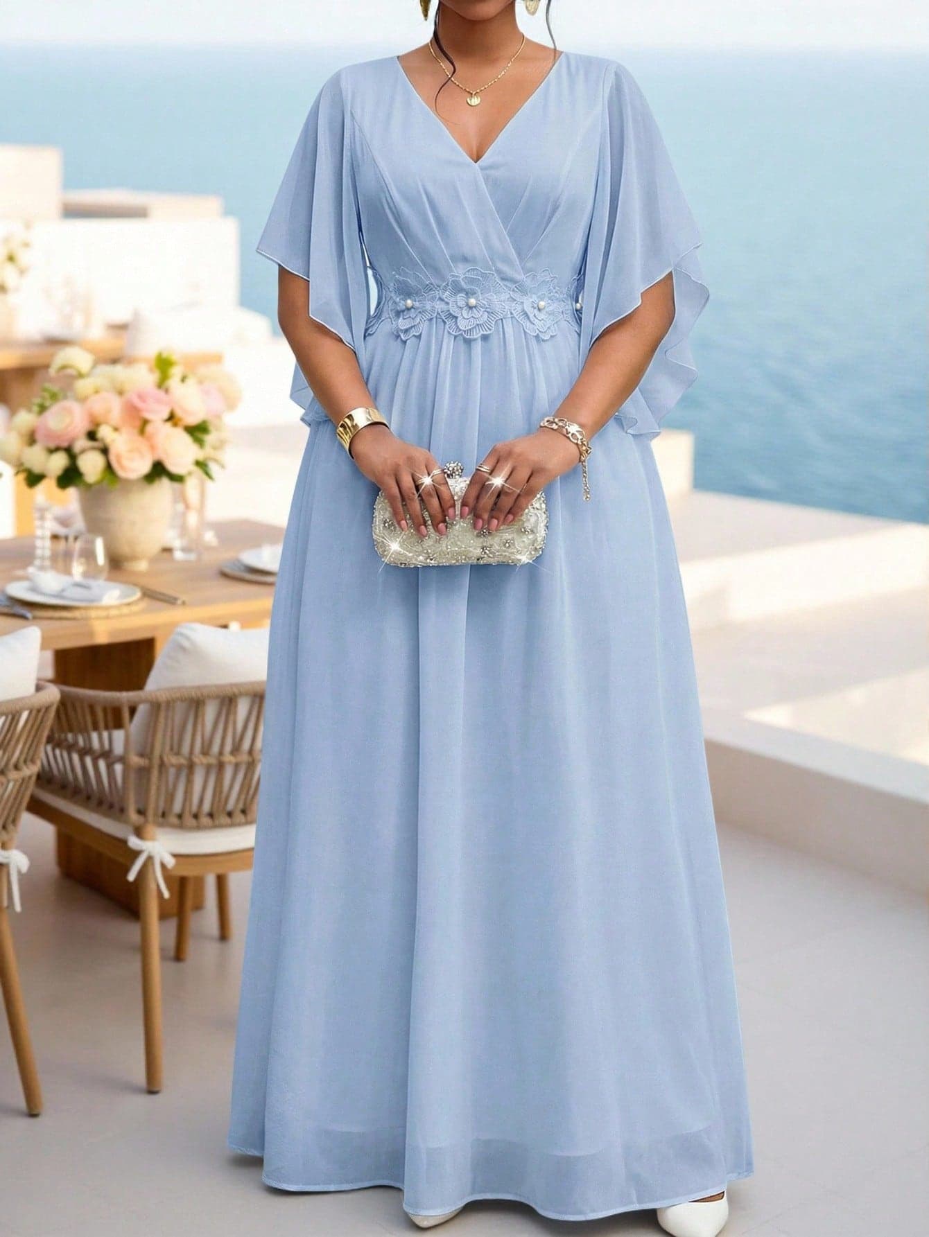 Fleurora Plus Size Blue Lace 3D Floral Dress, Spring/Summer Shiny Curve Dress For Wedding/Evening/Formal Banquet/Cocktail/Party/Graduation/Birthday Party And Other Formal Occasions, Fashion Series