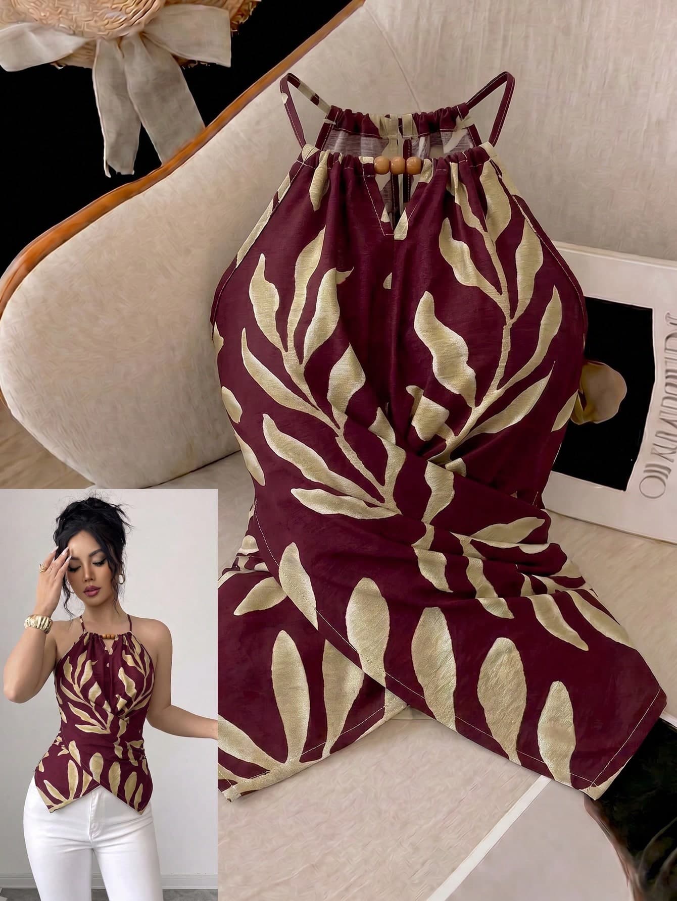 GlowEve CURVE Plus Size Women's Spring/Summer Elegant Commuter Casual Apricot Leaf Print Sleeveless Halter Neck Bow Tie Neckline Wooden Bead Decor Asymmetric Hem Waist Cross Tie Design Fitted Slimming Waist Tank Top