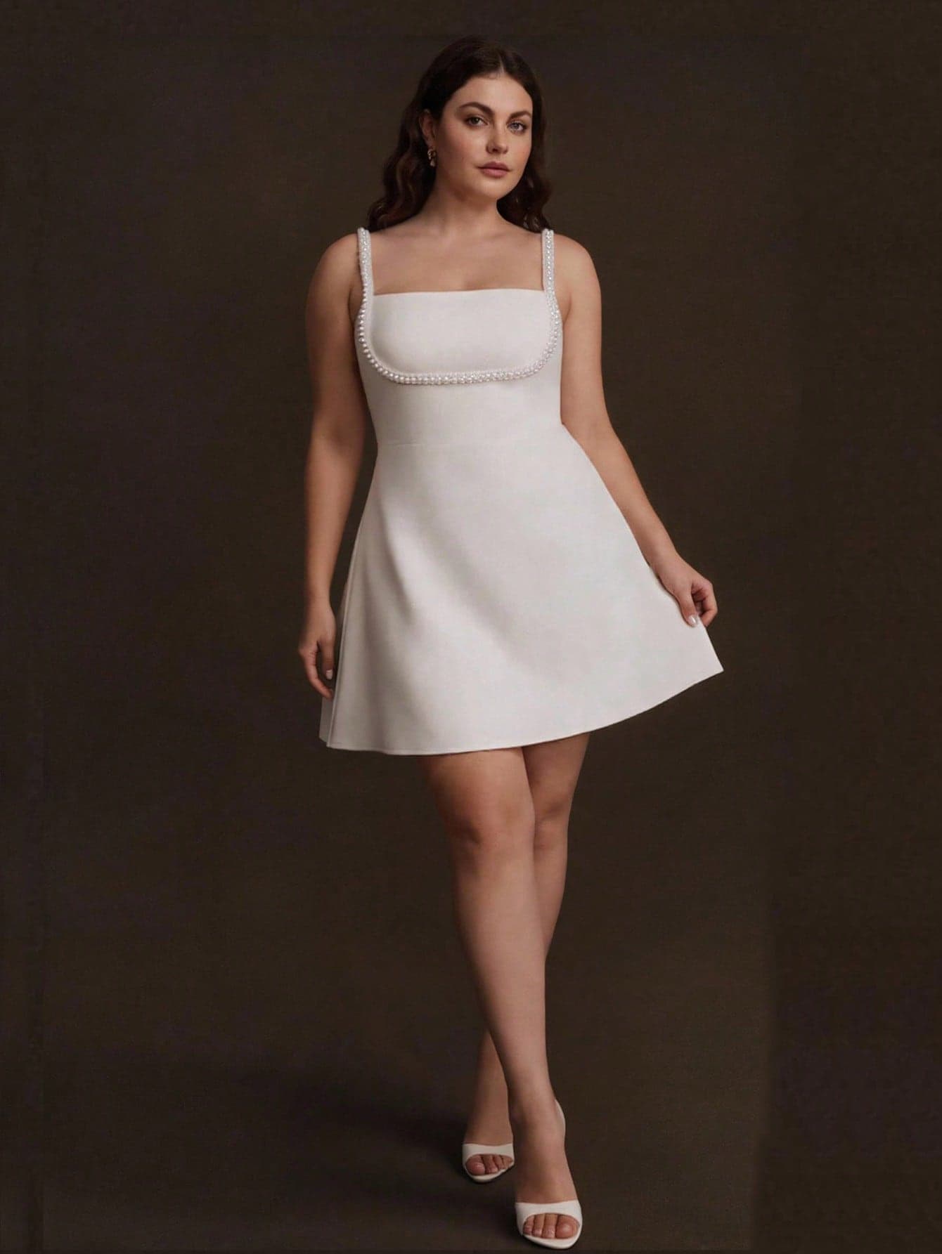 Anewsta Plus Size Women's Pearl Strap Square Neck High Waist Cinched Waist A-Line Bandage Elegant Pure White Mini Dress