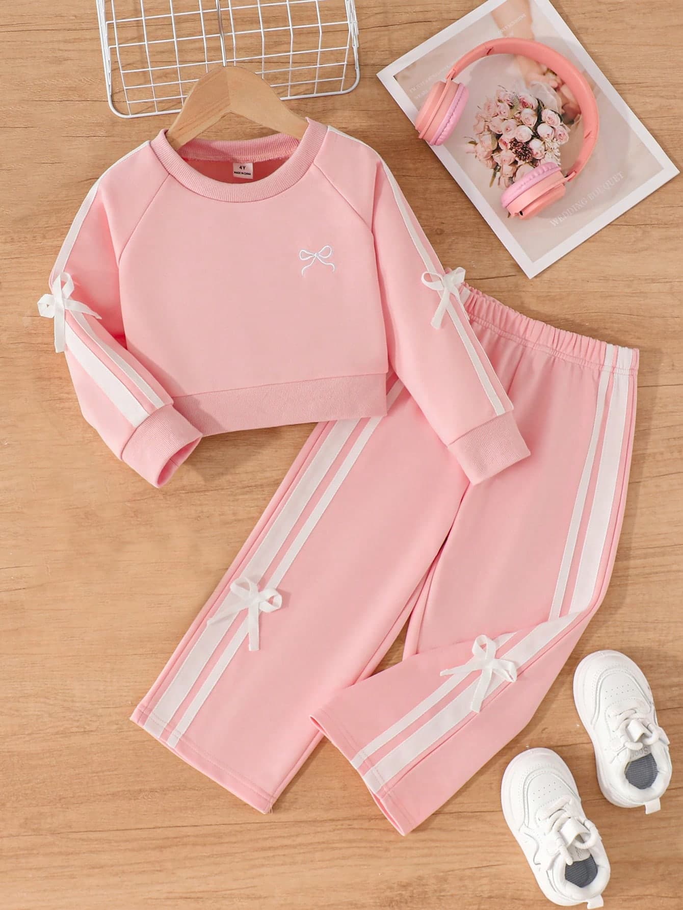 Elladie kids Girls Spring/Autumn Long Sleeve Long Pants Sports Bow Ribbon Craft Bow Embroidery Knit Sweatshirt 2 Pieces Set Suitable For Daily Commute Casual Wear