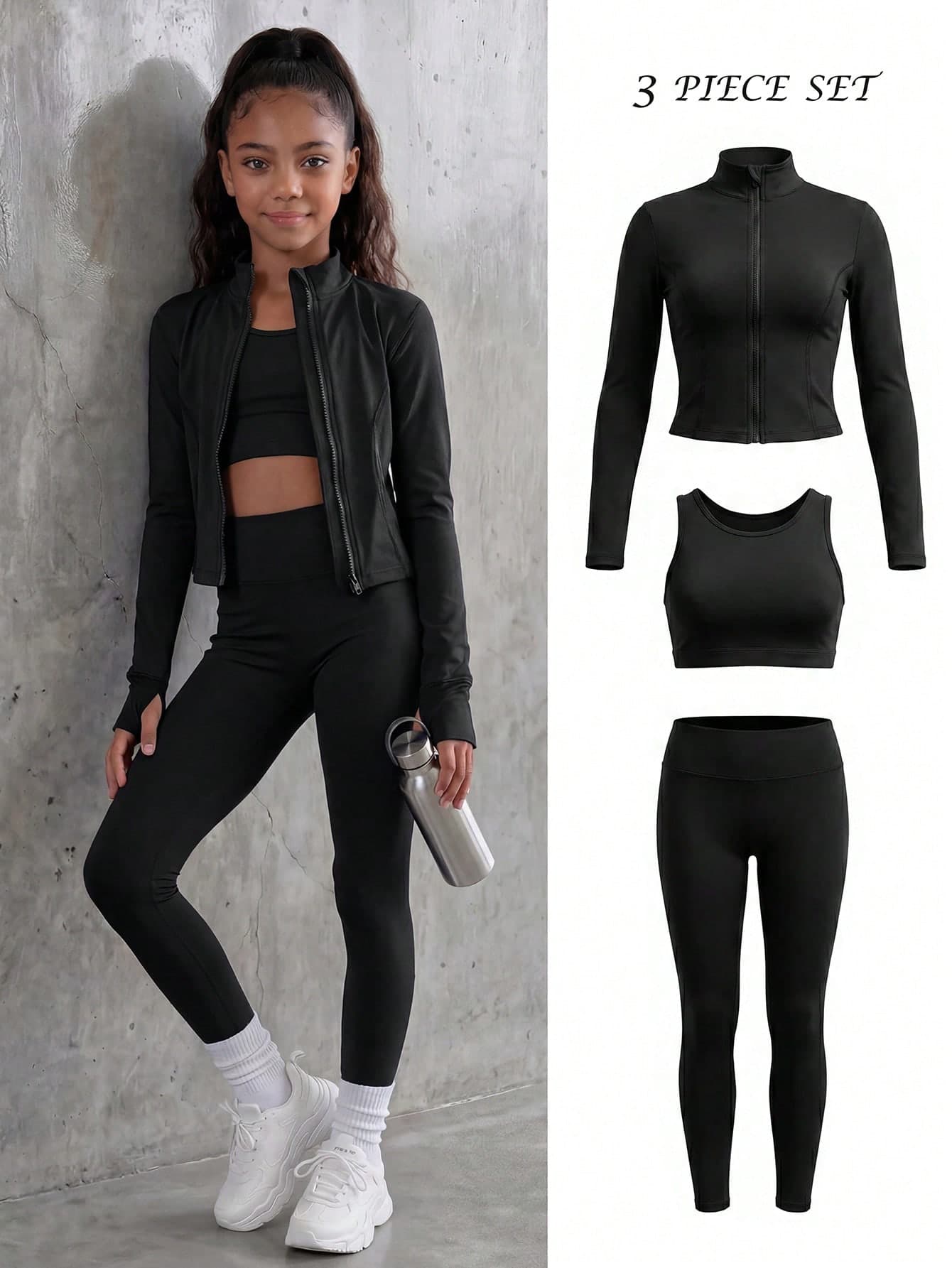 SHEIN Tween Girls 3pcs Set, Black 3 PiecesOutfit, Sports Jacket + Tank Top + Leggings Combination, New Autumn Style, High Elasticity Comfortable Fabric, Free And Comfortable For Sports