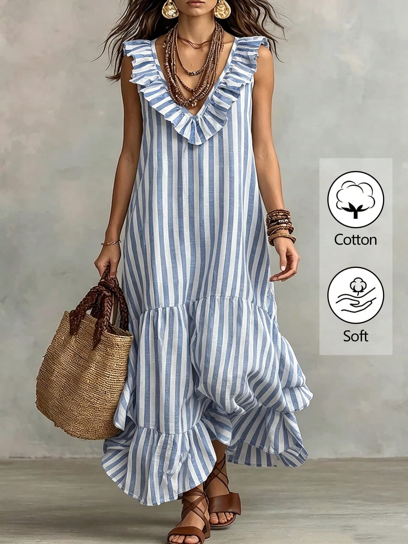 Glimmora Plus Size Casual Striped Ruffle Hem Vacation Dress