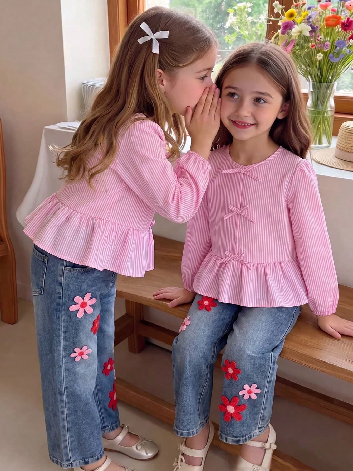 Elladie kids Sweet Country Style Autumn Girls Toddler Bow Pink Striped Long Sleeve Top And Embroidered Floral Decor Denim Pants 2 Pieces Set, Suitable For Autumn Daily Shopping And Outing Wear