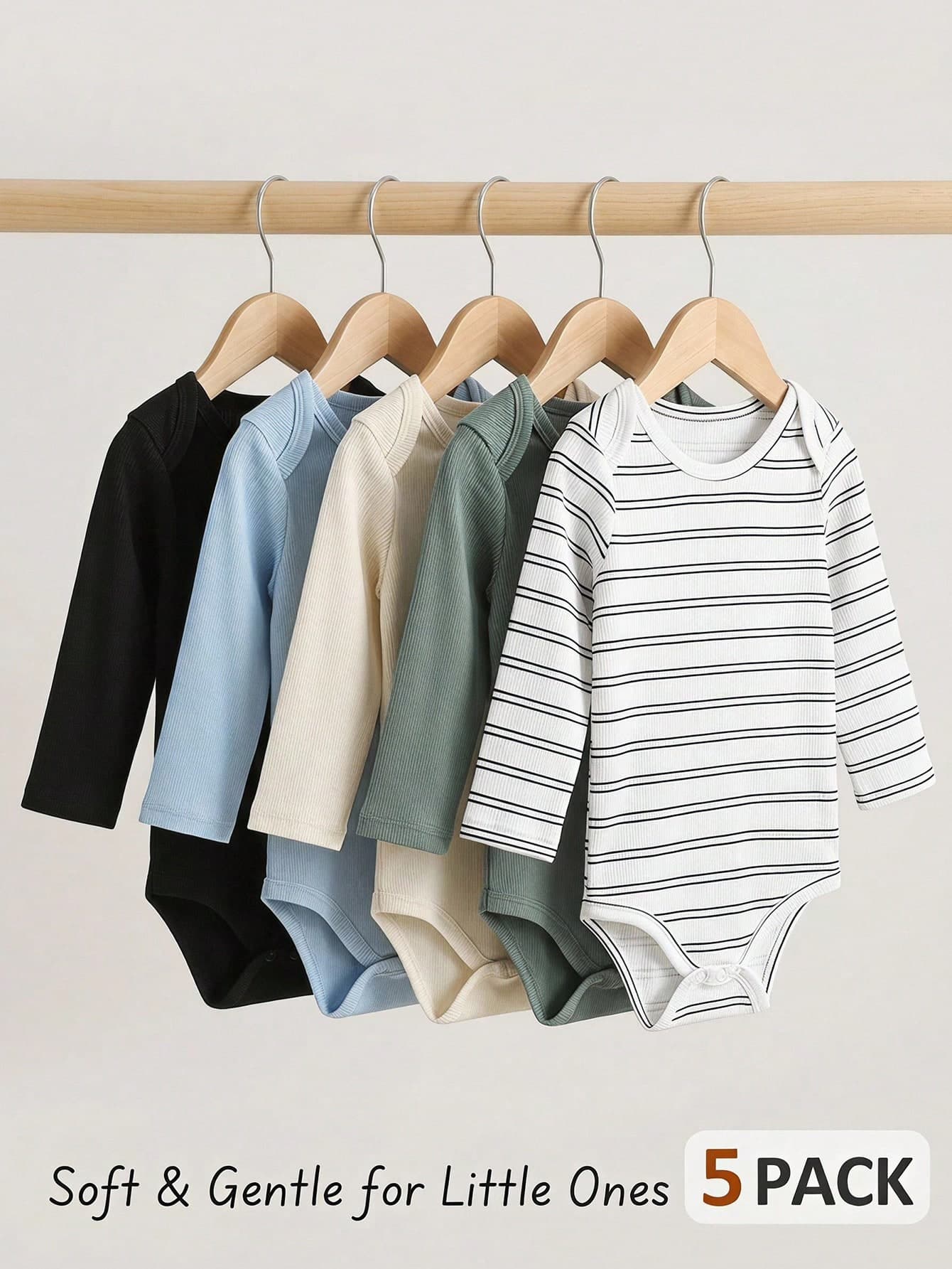 SHEIN Playful Pals 5pcs Baby Boy Toddler Infant Cute Casual Basic Solid Striped Long Sleeve One Piece Soft Romper Shirt Clothes Bodysuit Set Daily Summer Spring Fall