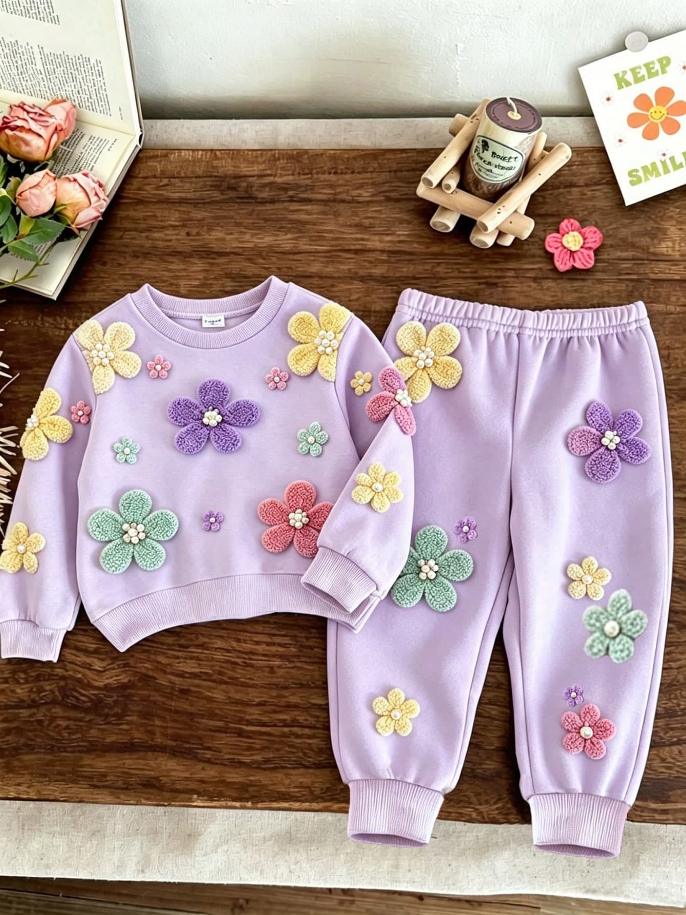 SHEIN Baby Girl Casual Minimalist Knit Soft Loose Round Neck Pullover Sweatshirt Set, Multi-Color Floral Print, Playful Purple Thermal Lined Sweatshirt Set