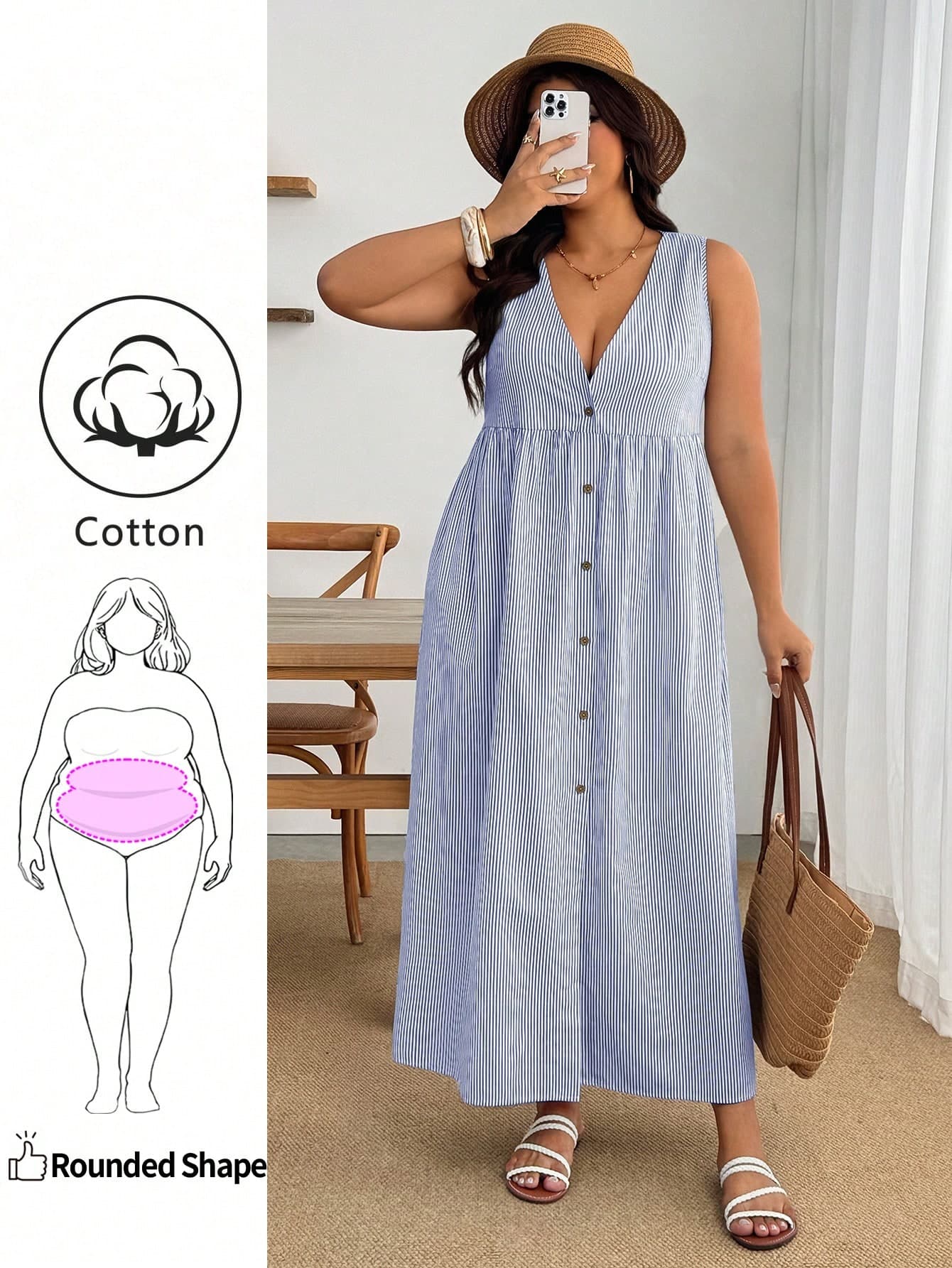 Enliva Plus Size Women's V-Neck Blue And White Pleated Casual Boho Daily Wear Dress Vacation Summer