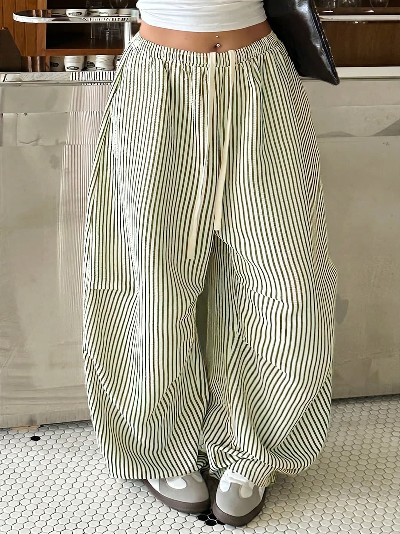 Muchica Plus Size Women's White Drawstring Waist Wide Leg Loose Casual Smart Casual Pants Vacation Summer