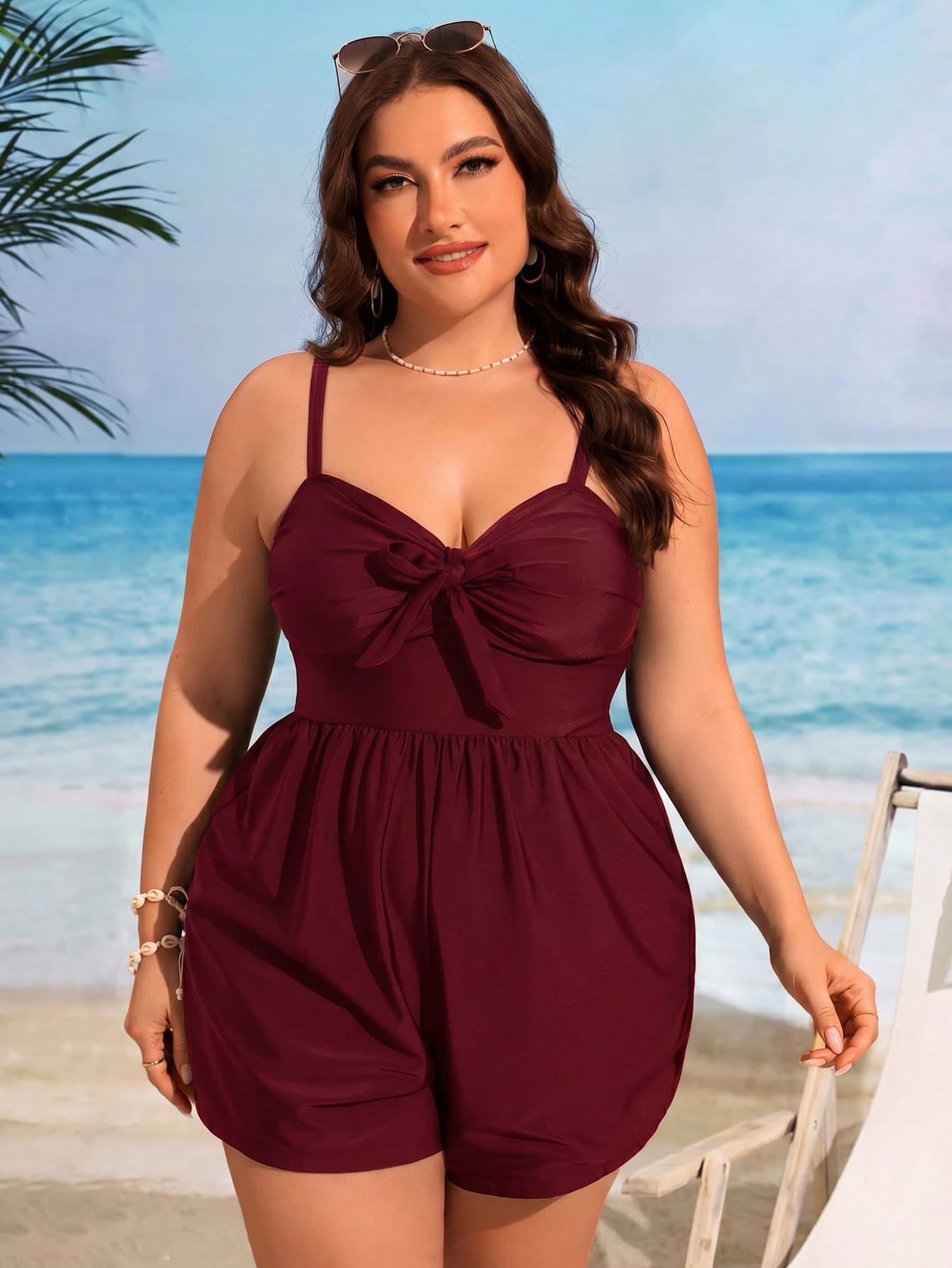 Swim Lushoire Plus Size Women's Solid Color Ruched Spaghetti Strap Shorts Swimsuit, Suitable For Beach Vacation, Pool Party, Beach Party