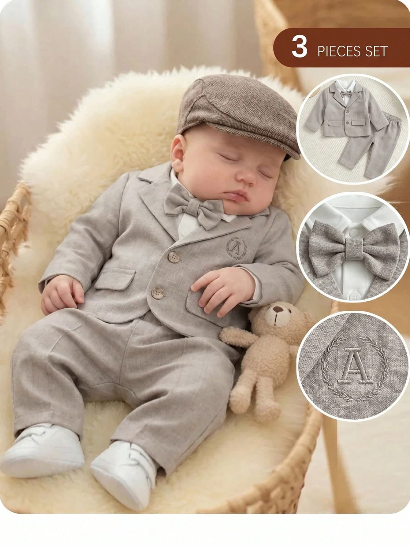 Newborn Baby Boy Cute Minimalist Preppy Gentleman 3-Piece Shirt & Pants Set
