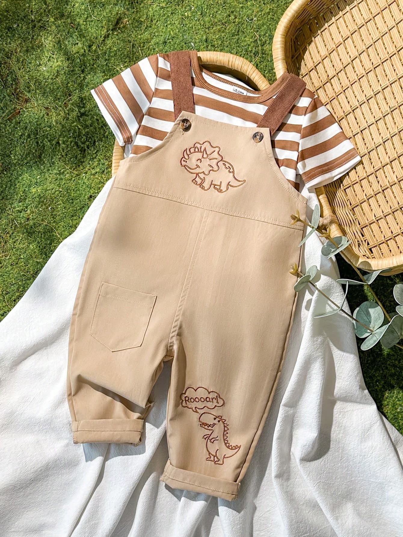 Vintaside Kids Baby Boy Round Neck Short Sleeve Simple Versatile Casual Striped T-Shirt With Cute Casual Overalls Set Suitable For Outings, Travel, Vacation, Daily Casual, Park Walks, Camping And Other Occasions