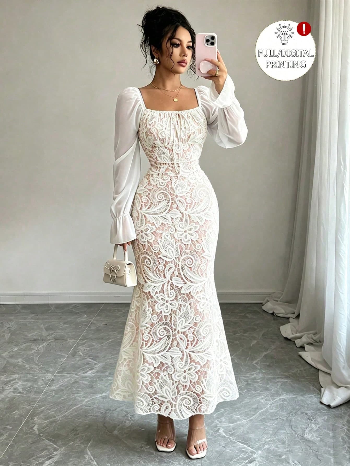 Elenzga New Women's Square Neck Tie Bow Chiffon Petal Sleeve Design Spring Summer Autumn Date Party Daily Versatile Waist-Cinching Slimming Tall-Looking Elegant Sophisticated Young Women's Long Dress