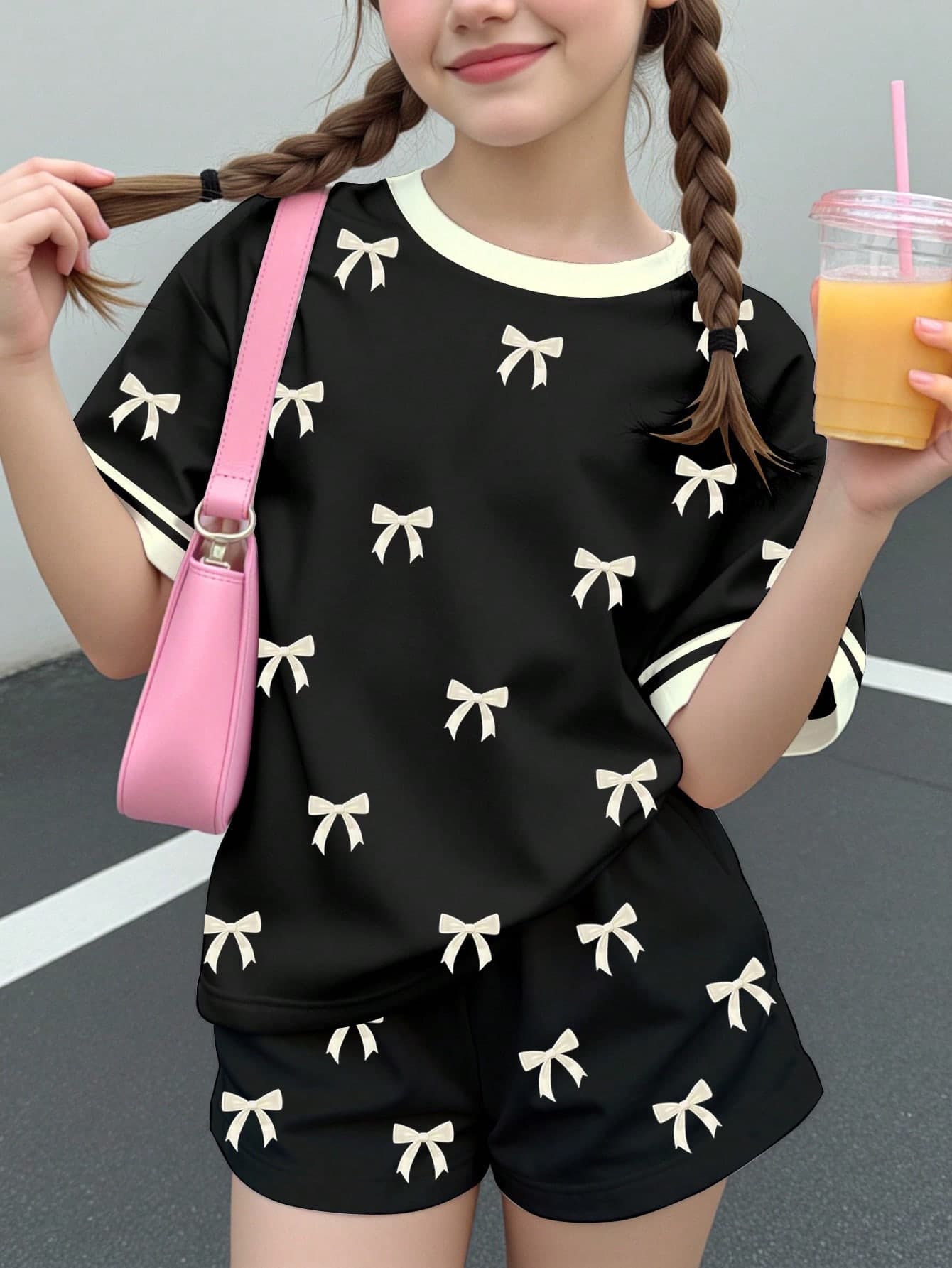 Tween Girl Casual Simple Elegant Sweet Polka Dot Bow Print, Black & White Contrast, Short Sleeve & Shorts 2-Piece Set Suitable For Summer, Graphic, Cozy, Girls Outfit Sets, Y2K, Vintage
