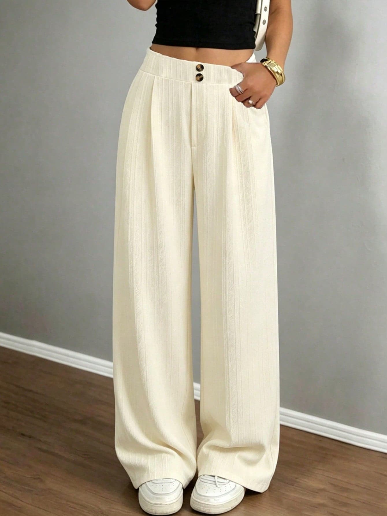 Girls' Textured Vertical Striped Black Loose Button Long Pants