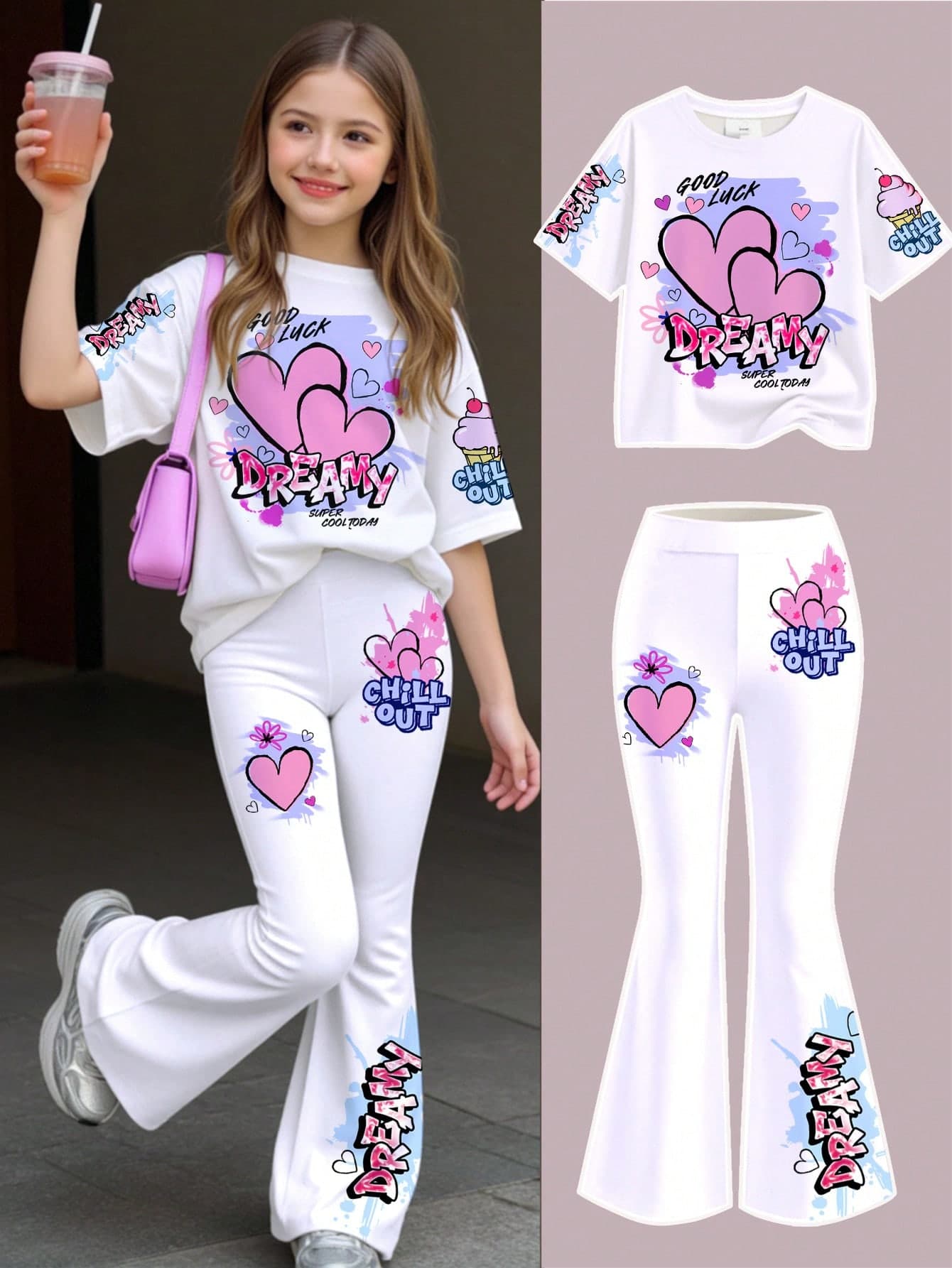 Tween Girl Casual Simple Cute Graffiti Heart Pattern, Cream White, Short Sleeve Long Pants 2-Piece Set Suitable For Summer And Autumn, Graphic, Cozy, Girls Outfit Sets, Y2K, Vintage, Vacation, Back To School, Kawaii