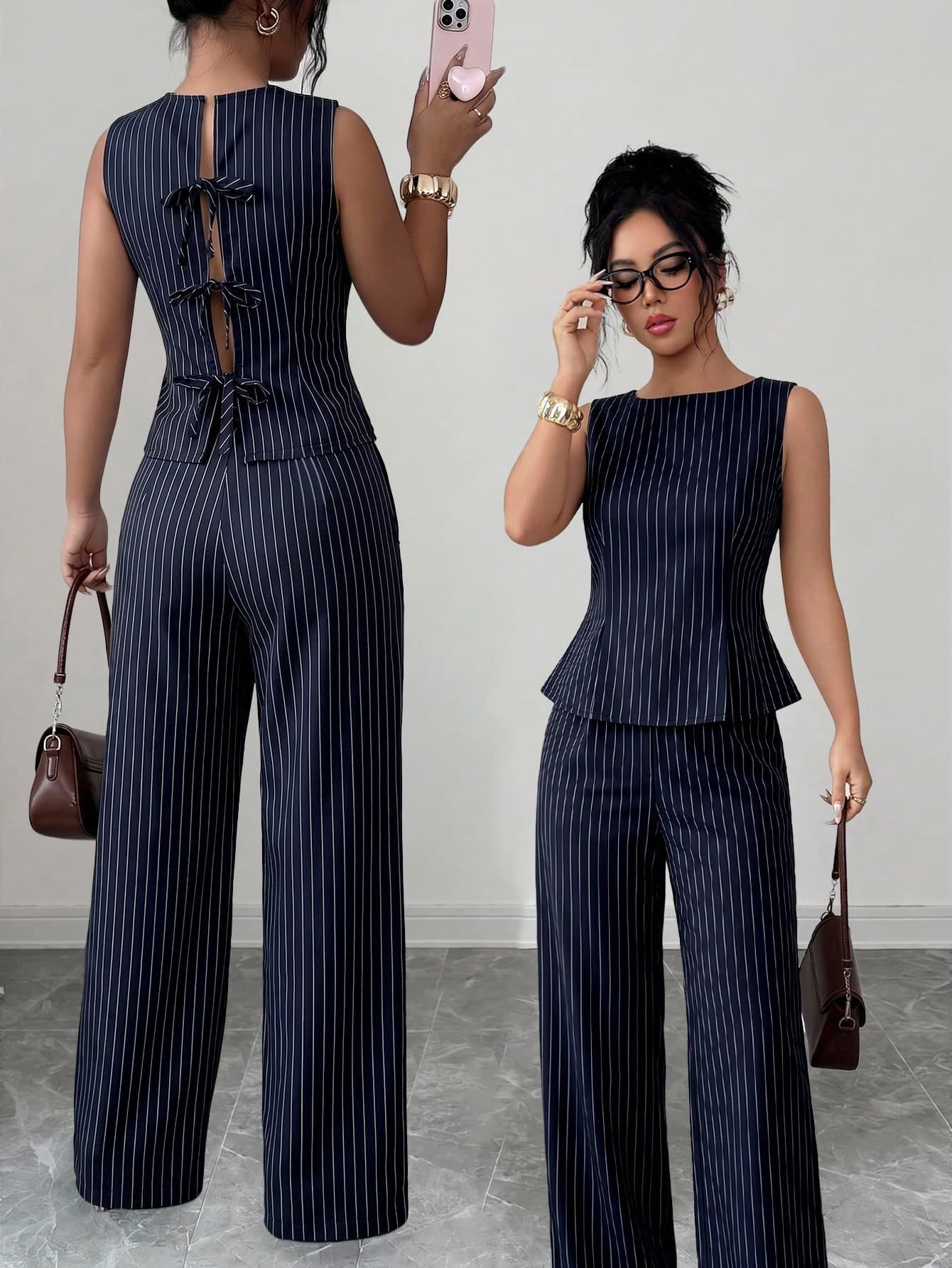 Siren Gaze Elegant Smart Casual Business Casual Chic Navy Blue And White Set Sleeveless Peplum Top And Wide Leg Pants Two Pieces Outfits Back B Office Summer