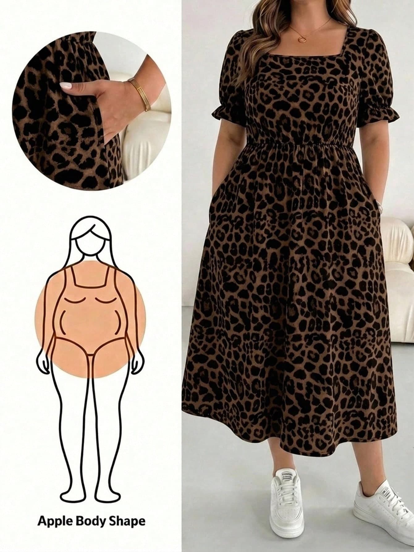 SHEIN Essnce Casual Vacation Leopard Print Plus Size Women's Short Sleeve Dress, Suitable For Spring And Summer, Leopard Print Dress