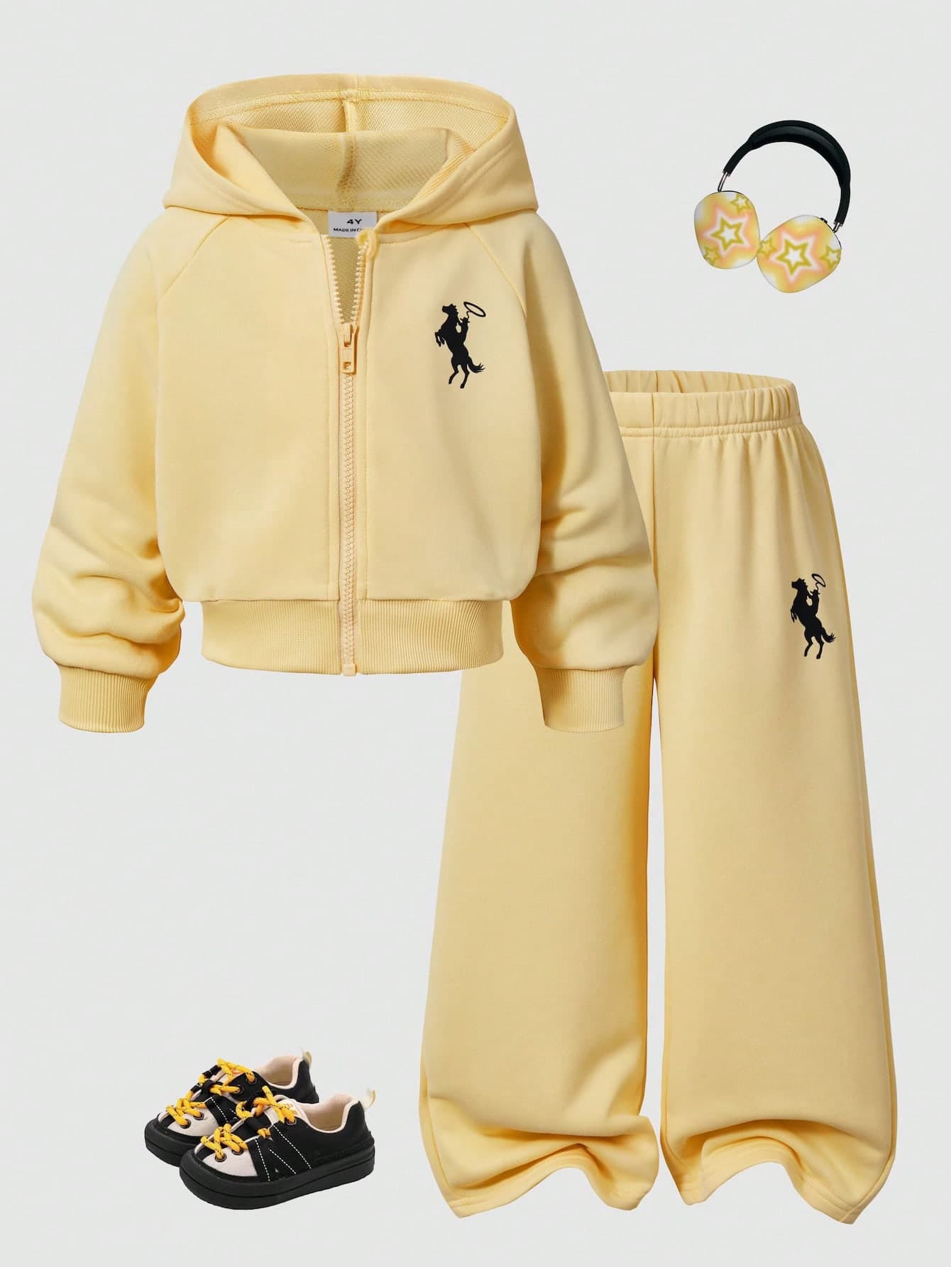 SHEIN ChillGRL Streecool Young Girl Girls 2-Piece Set Fall Clothing Regular Thickness Knitted Casual Versatile Hooded Zip-Up Jacket And Loose Wide-Leg Pants Set With Equestrian Sports Graphic Print, Suitable For Casual Sports