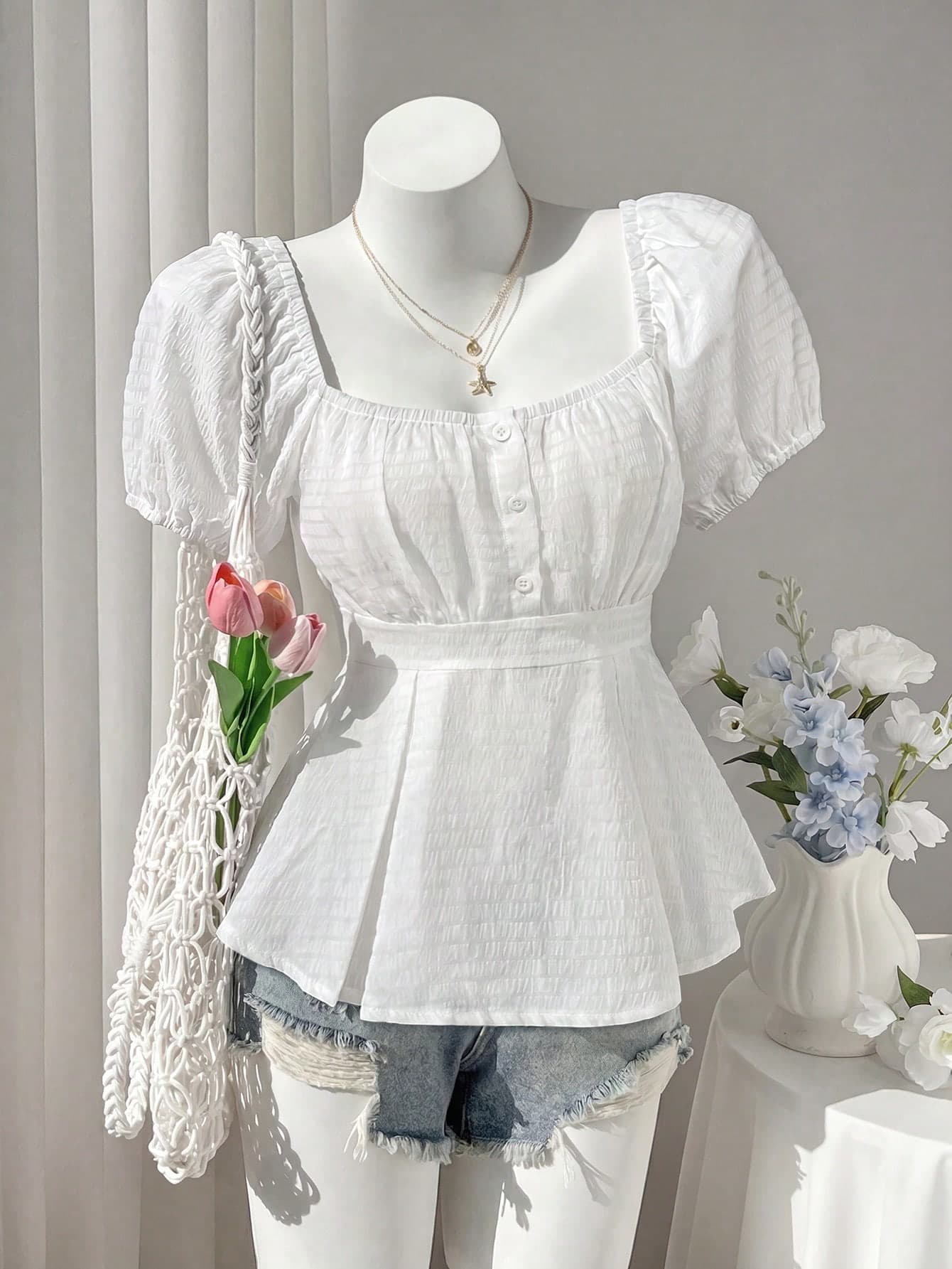 Sweetra Plus Size Casual Elegant Minimalist French Style White Jacquard Plaid Puff Fabric Square Neck Button A-Line Blouse Spring Summer Puff Sleeve Top Cute Plus Size Women's Shirt