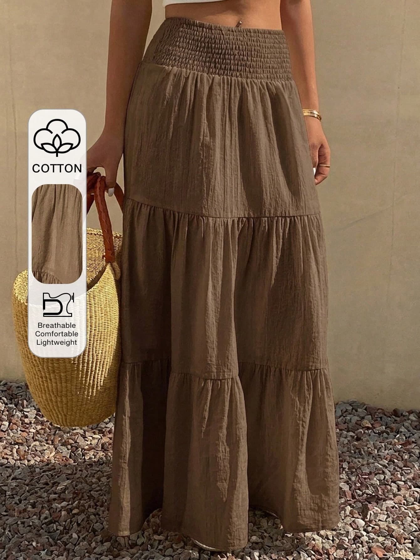 DAZY Summer Autumn June Festival High Waist Elastic Pleated Waist Solid Color Layered Cake Skirt Cotton Women's Skirt