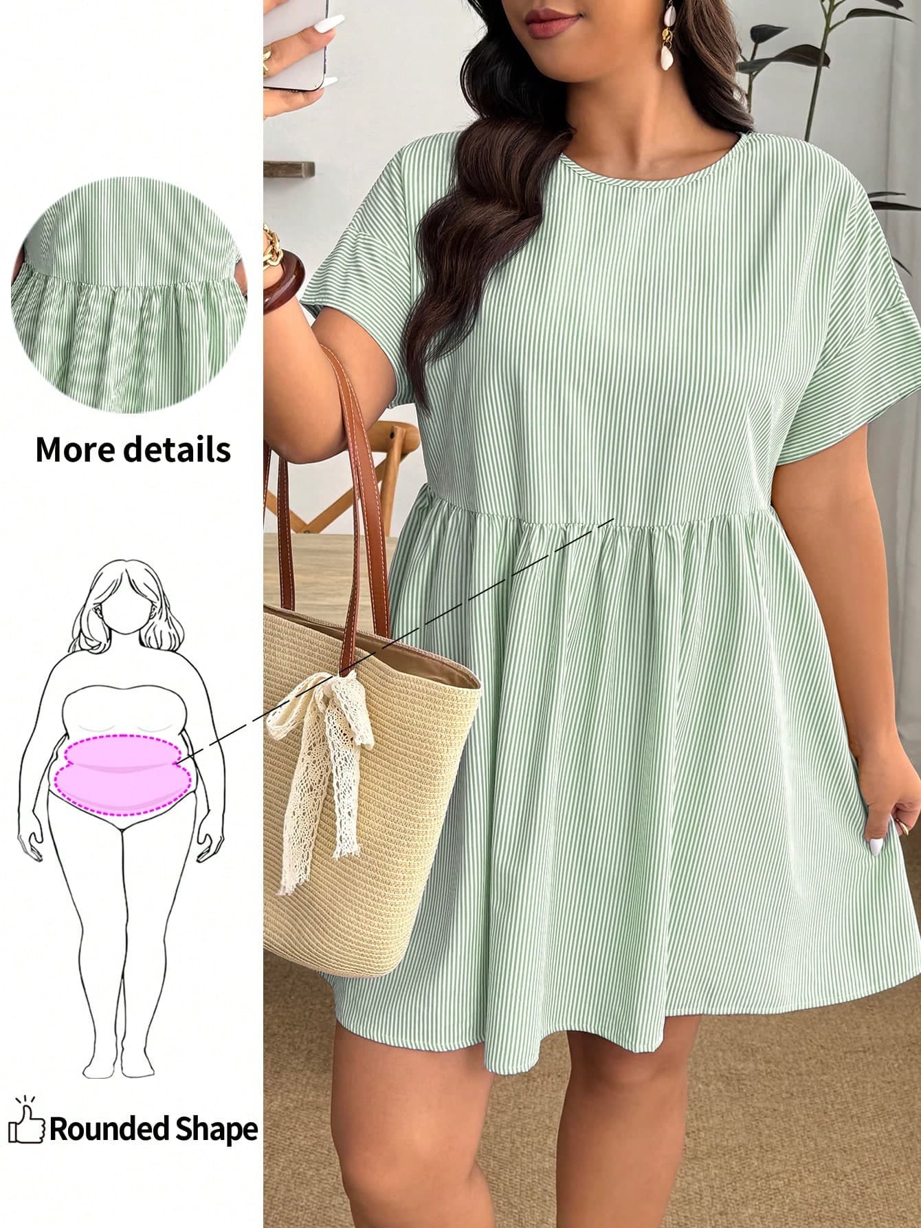 Enliva Plus Size Women's Spring/Summer Fashion Casual Loose Comfortable Fresh Daily Versatile Slimming Blue Striped Short Sleeve Shirt Dress, Women's Shirt Dress, Summer Outfit, Minimalist Style, Cute Curve Clothing