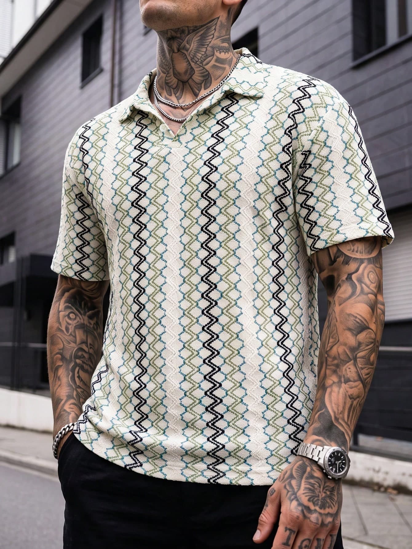 Manfinity CasualCool Men's Geometric Pattern Short Sleeve Mature Casual Fashion Polo Shirt