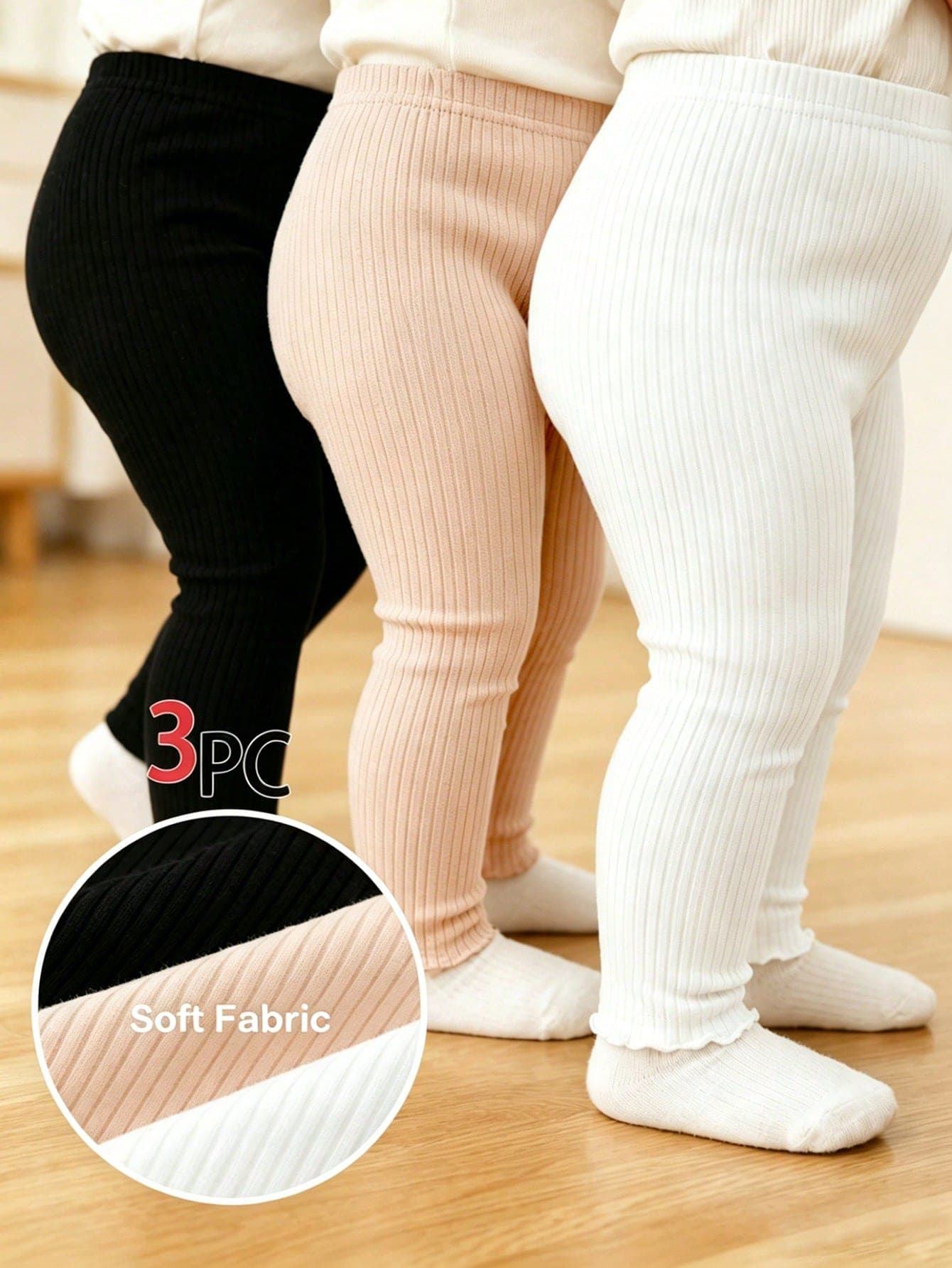 SHEIN Vintaside Kids 3pcs/Set Baby Girl Summer Clothes Back To School Season 6 Months-3 Years Casual Minimalist White Black Grey Apricot Wide Ribbed Wavy Hem Elastic Waist Stretchy Leggings Comfortable Soft Sports Commute Suitable For Spring Summer Outings And As A Gift